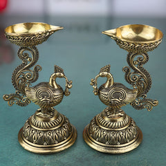 Brass Peacock Diya | Mayura Deepam, Mor Pankh Diya, Mayil Vilakku | Handcrafted Temple Oil Lamp for Puja, Festival, Wedding Decor, Gold, 4.5 Inch, 2 Piece