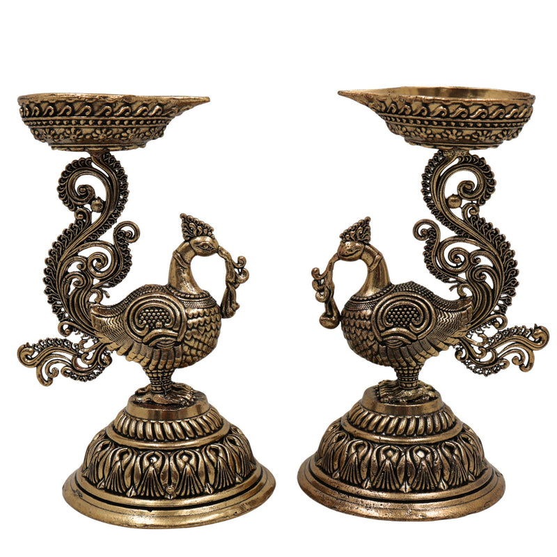 Brass Peacock Diya | Mayura Deepam, Mor Pankh Diya, Mayil Vilakku | Handcrafted Temple Oil Lamp for Puja, Festival, Wedding Decor, Gold, 4.5 Inch, 2 Piece