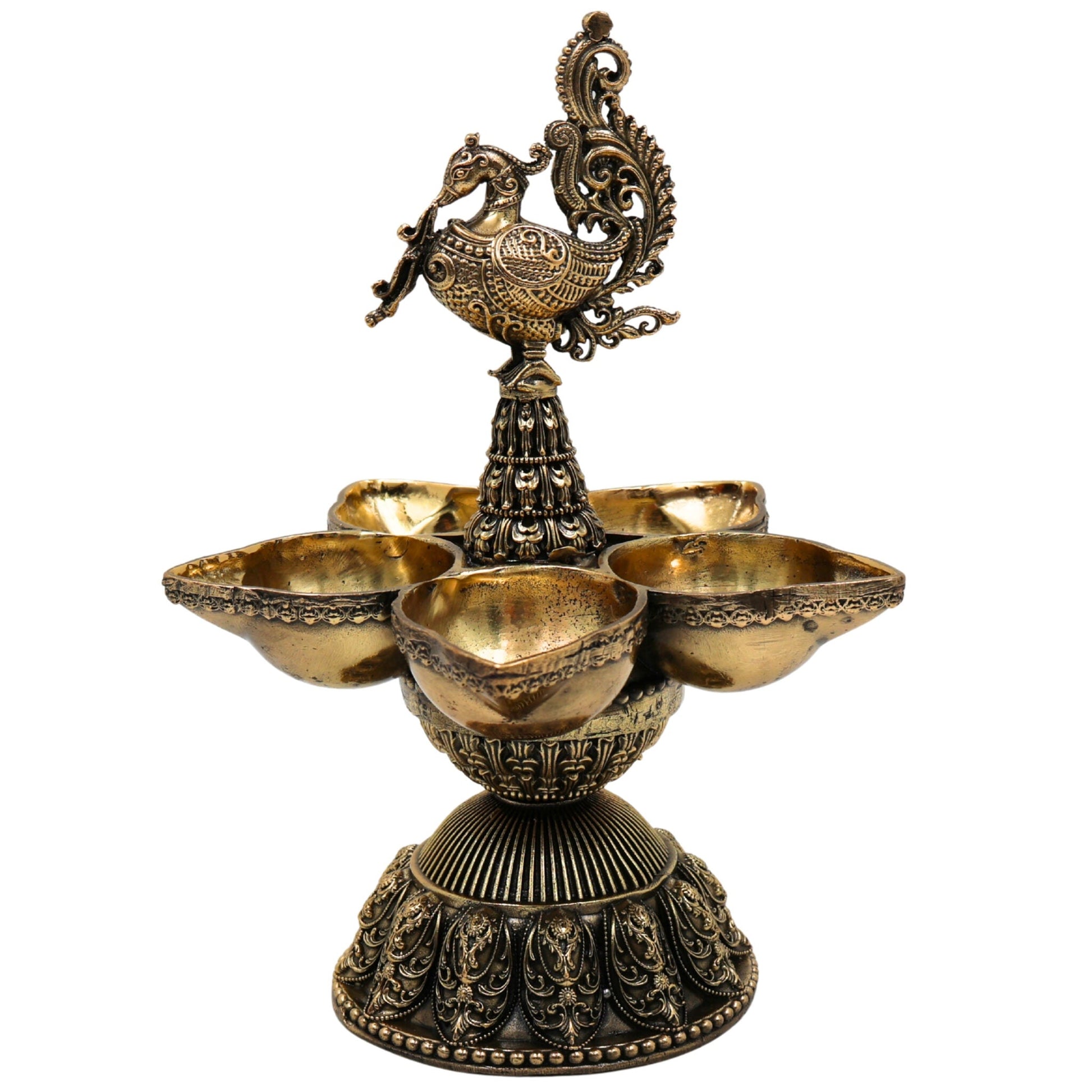 Brass Peacock Diya – Handcrafted Mayura Deepam, Mor Pankh Oil Lamp, Traditional Peacock Vilakku, Festival & Pooja Brass Lamp, Temple Deepak, Decorative Antique Peacock Deepam, Gold, 6.5 Inch, 1 Piece