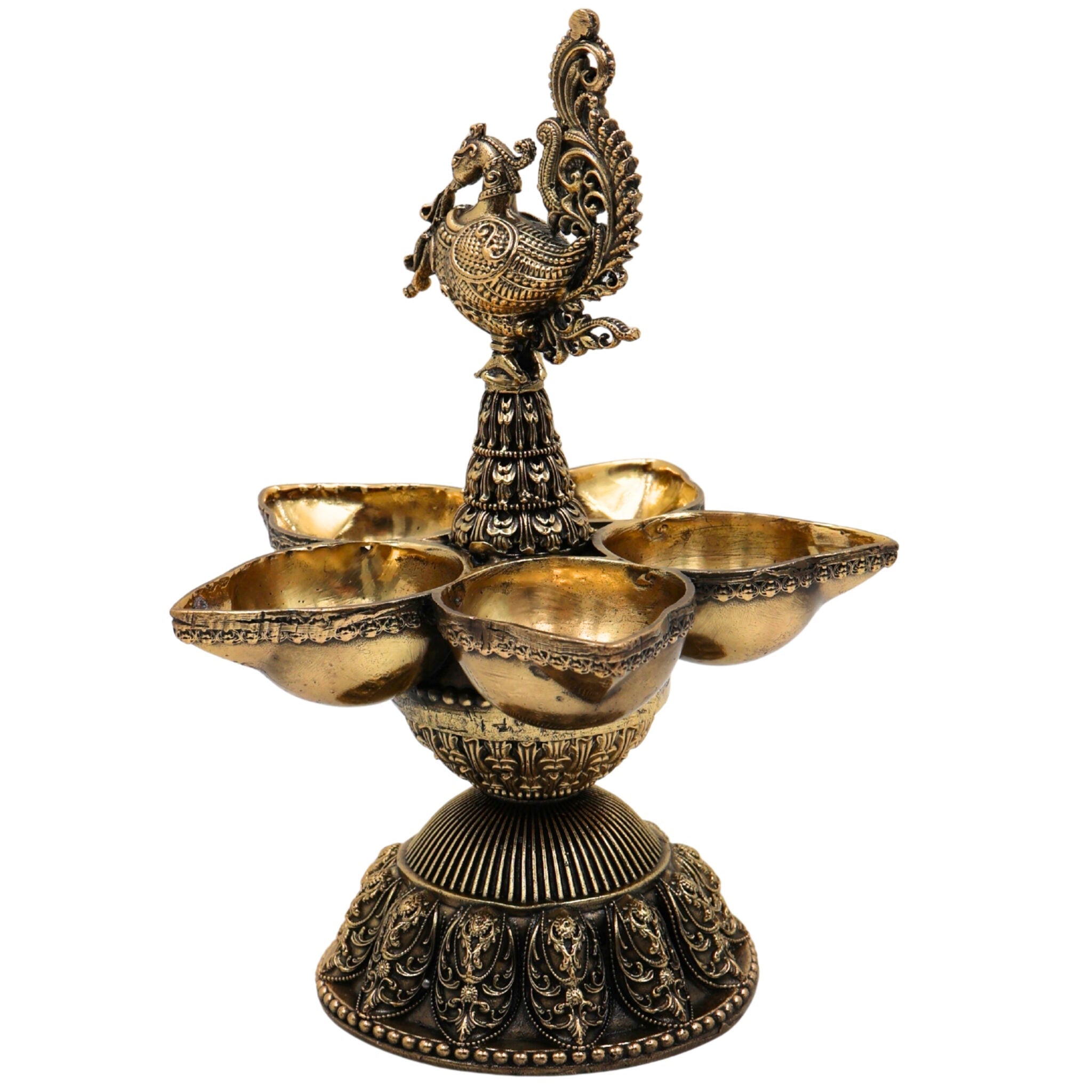 Brass Peacock Diya – Handcrafted Mayura Deepam, Mor Pankh Oil Lamp, Traditional Peacock Vilakku, Festival & Pooja Brass Lamp, Temple Deepak, Decorative Antique Peacock Deepam, Gold, 6.5 Inch, 1 Piece