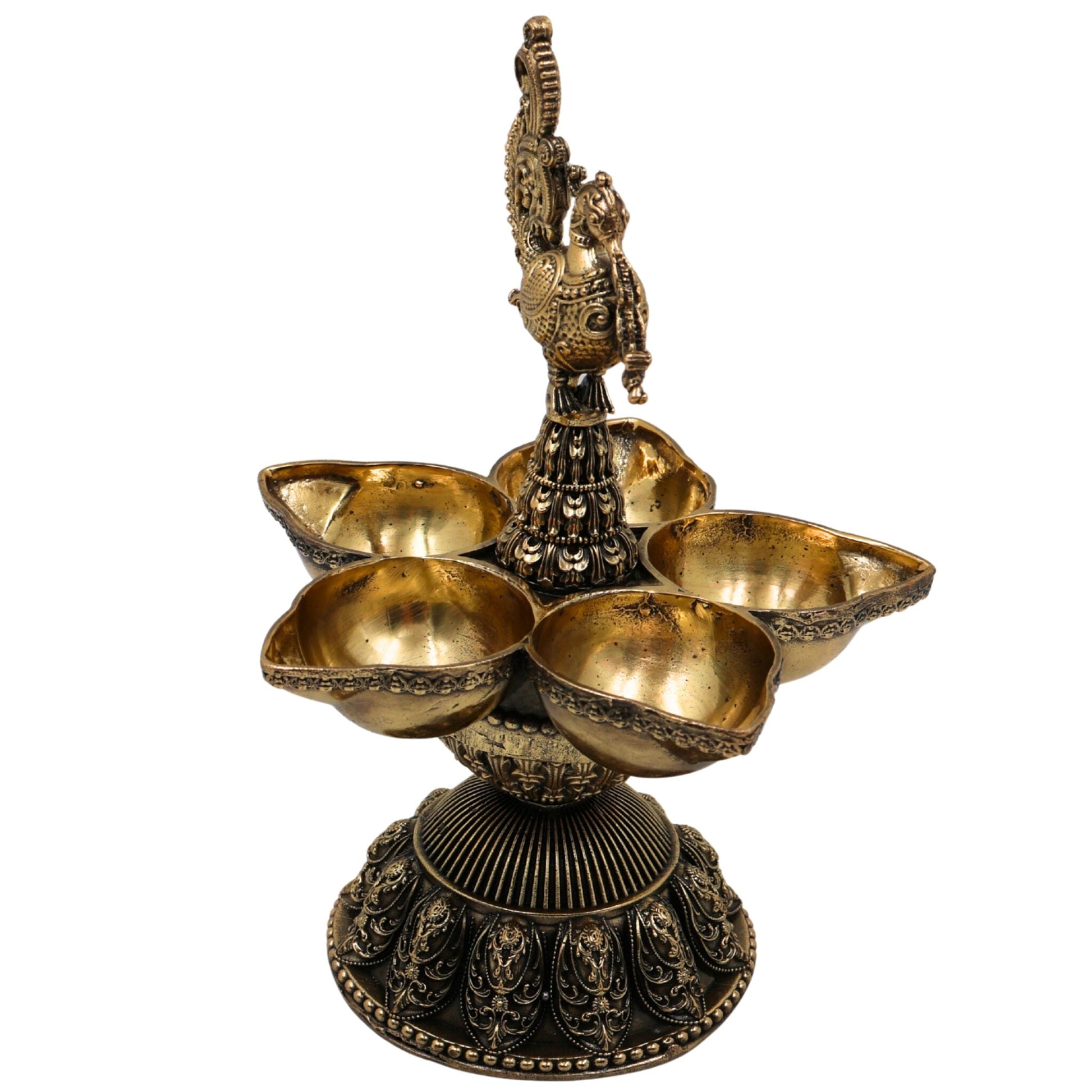 Brass Peacock Diya – Handcrafted Mayura Deepam, Mor Pankh Oil Lamp, Traditional Peacock Vilakku, Festival & Pooja Brass Lamp, Temple Deepak, Decorative Antique Peacock Deepam, Gold, 6.5 Inch, 1 Piece