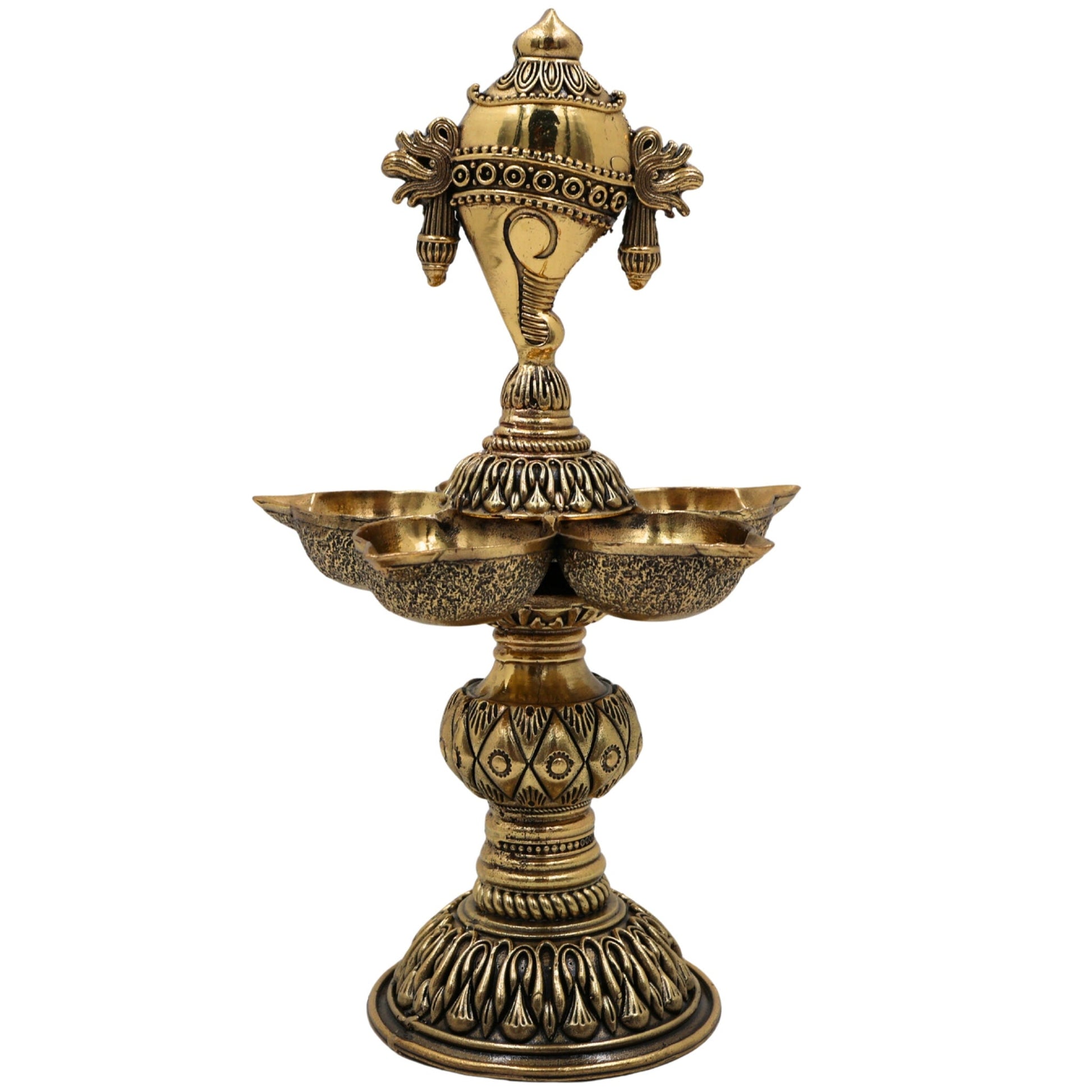 Brass Shanka Diya | Shanku Chakra Deepam Lamp | Peetal / Pittal Shankh Deepak for Pooja, Aarti & Temple Decor | Ashtadhatu, Tambra Pittal Oil Lamp for Home & Diwali, Gold, 8.5 Inch, 1 Piece