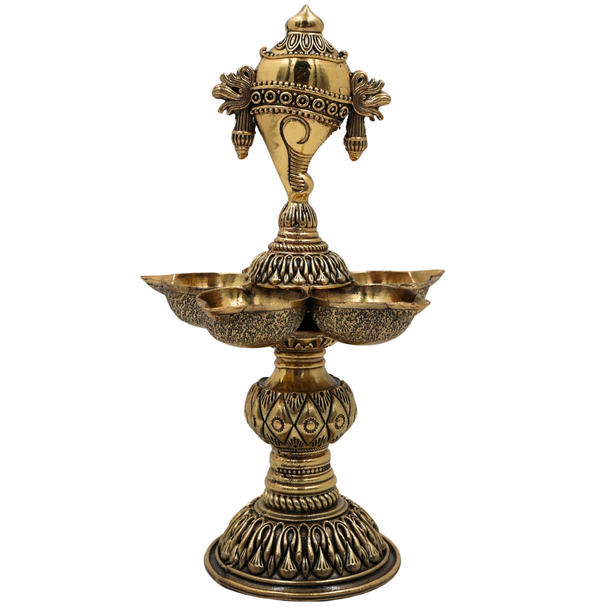 Brass Shanka Diya | Shanku Chakra Deepam Lamp | Peetal / Pittal Shankh Deepak for Pooja, Aarti & Temple Decor | Ashtadhatu, Tambra Pittal Oil Lamp for Home & Diwali, Gold, 8.5 Inch, 1 Piece