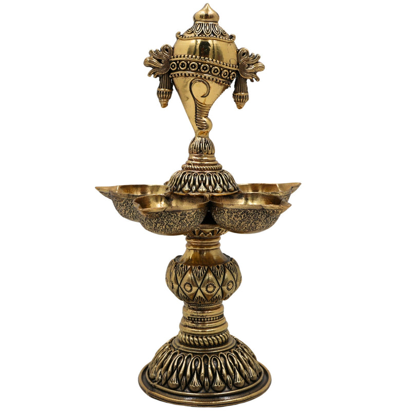 Brass Shanka Diya | Shanku Chakra Deepam Lamp | Peetal / Pittal Shankh Deepak for Pooja, Aarti & Temple Decor | Ashtadhatu, Tambra Pittal Oil Lamp for Home & Diwali, Gold, 8.5 Inch, 1 Piece