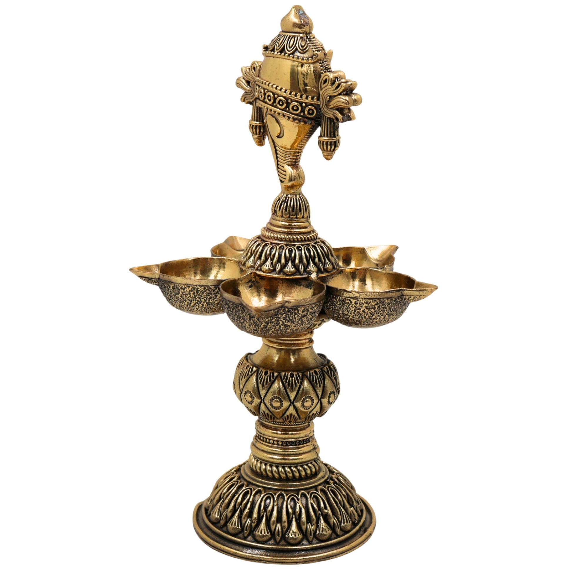 Brass Shanka Diya | Shanku Chakra Deepam Lamp | Peetal / Pittal Shankh Deepak for Pooja, Aarti & Temple Decor | Ashtadhatu, Tambra Pittal Oil Lamp for Home & Diwali, Gold, 8.5 Inch, 1 Piece