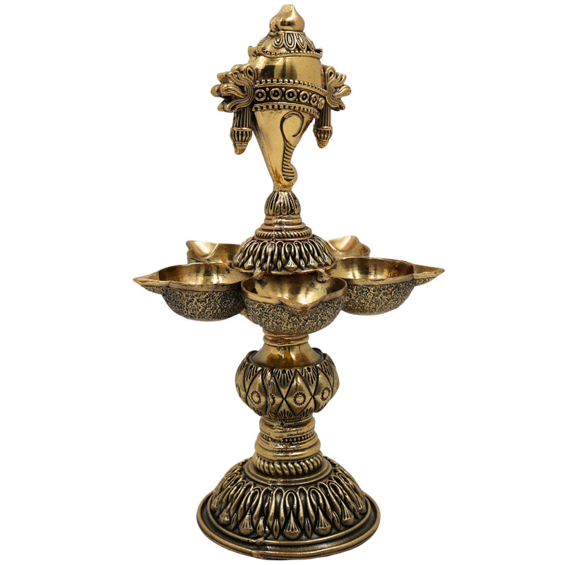 Brass Shanka Diya | Shanku Chakra Deepam Lamp | Peetal / Pittal Shankh Deepak for Pooja, Aarti & Temple Decor | Ashtadhatu, Tambra Pittal Oil Lamp for Home & Diwali, Gold, 8.5 Inch, 1 Piece