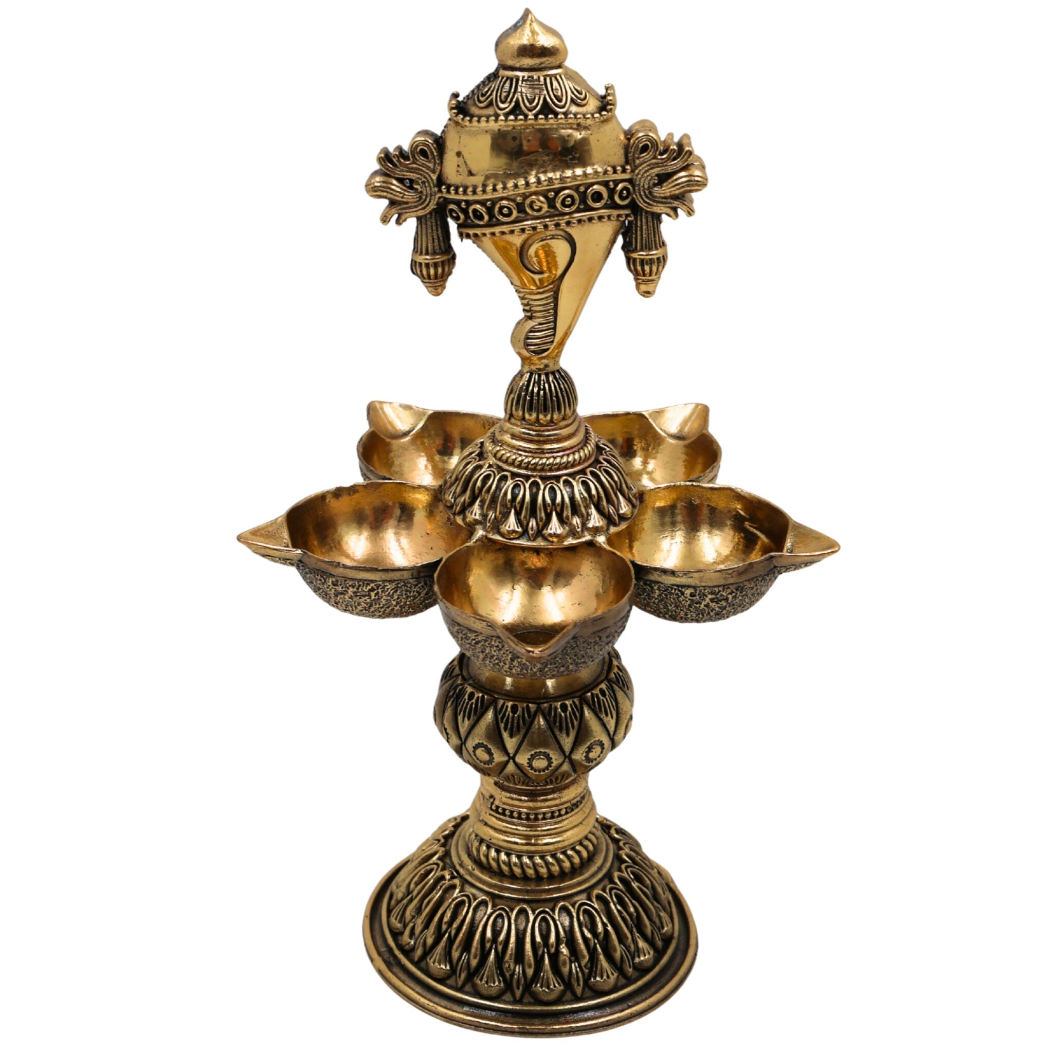 Brass Shanka Diya | Shanku Chakra Deepam Lamp | Peetal / Pittal Shankh Deepak for Pooja, Aarti & Temple Decor | Ashtadhatu, Tambra Pittal Oil Lamp for Home & Diwali, Gold, 8.5 Inch, 1 Piece