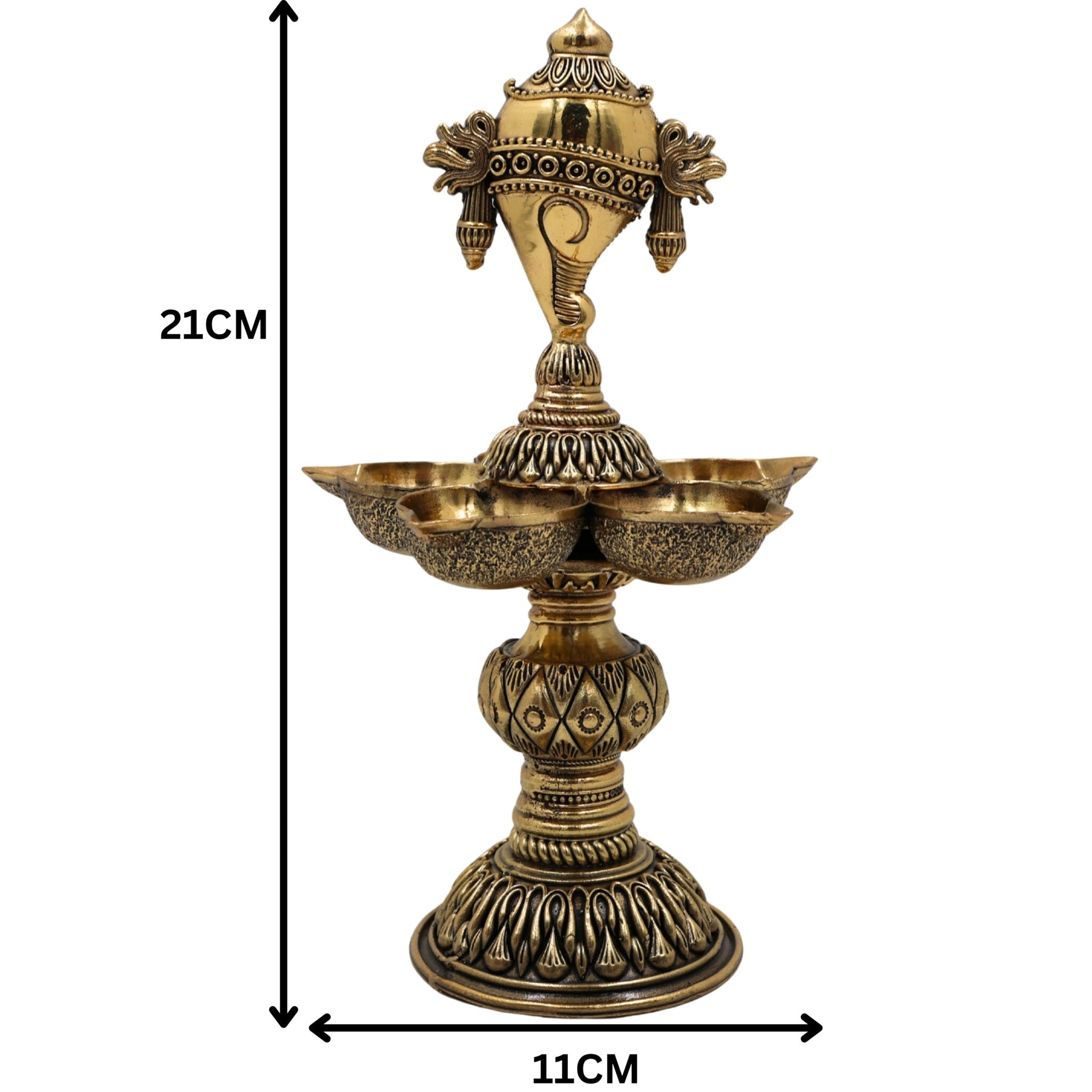 Brass Shanka Diya | Shanku Chakra Deepam Lamp | Peetal / Pittal Shankh Deepak for Pooja, Aarti & Temple Decor | Ashtadhatu, Tambra Pittal Oil Lamp for Home & Diwali, Gold, 8.5 Inch, 1 Piece