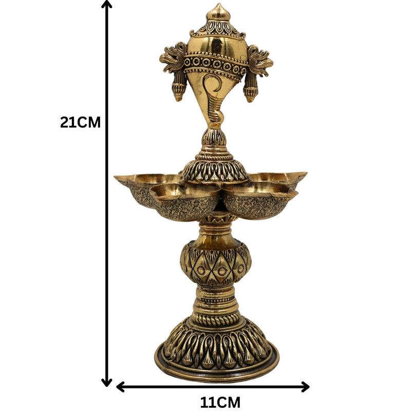 Brass Shanka Diya | Shanku Chakra Deepam Lamp | Peetal / Pittal Shankh Deepak for Pooja, Aarti & Temple Decor | Ashtadhatu, Tambra Pittal Oil Lamp for Home & Diwali, Gold, 8.5 Inch, 1 Piece