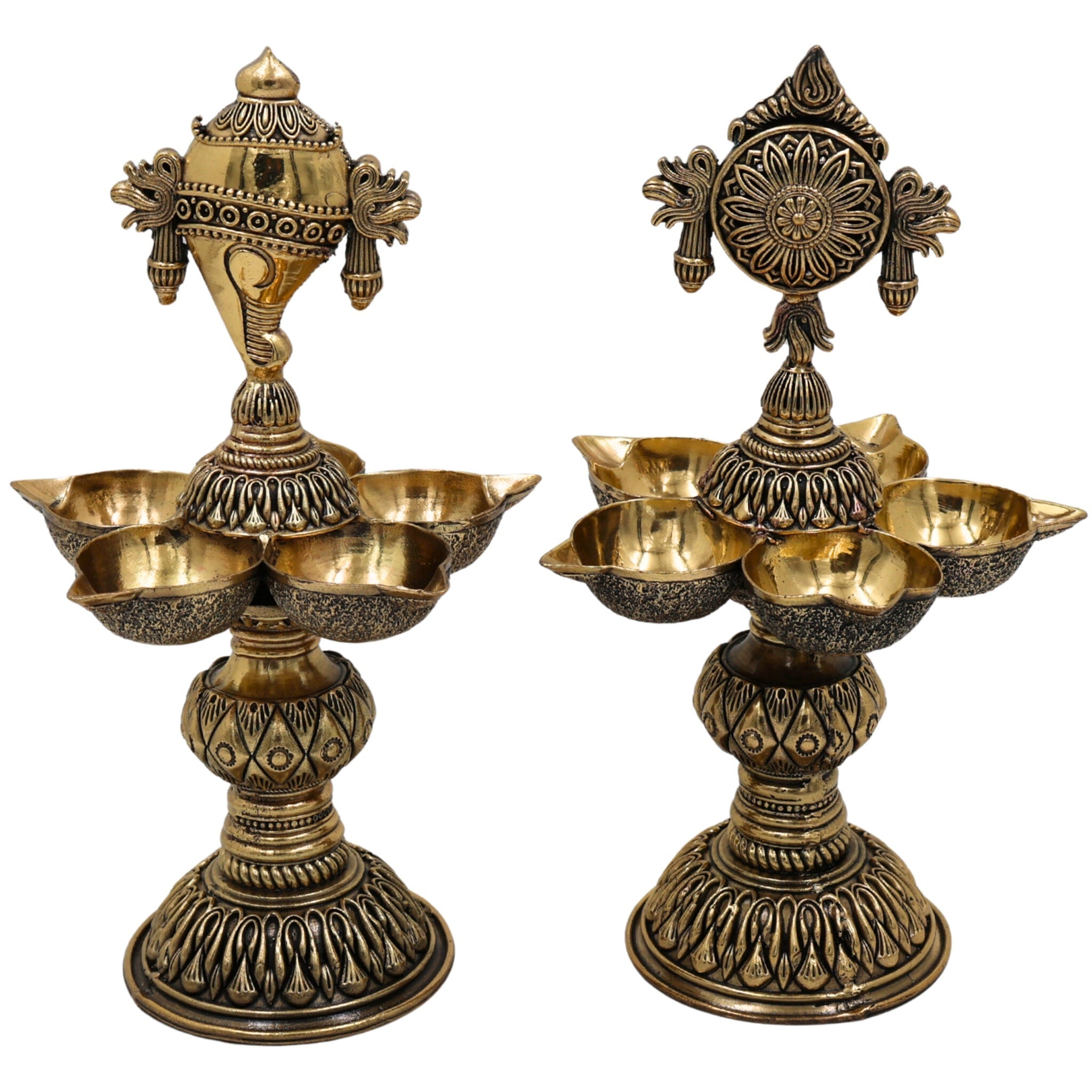 Brass Shankh Chakra Diya Pair – Shankh Chakra Deepam, Vishnu Shankh Chakra Oil Lamp, Handcrafted Puja & Home Temple Sculpture, Spiritual Aarti Lamp for Diwali, Navaratri, Ganesh Chaturthi, Gold, 8.5 Inch, 2 Piece