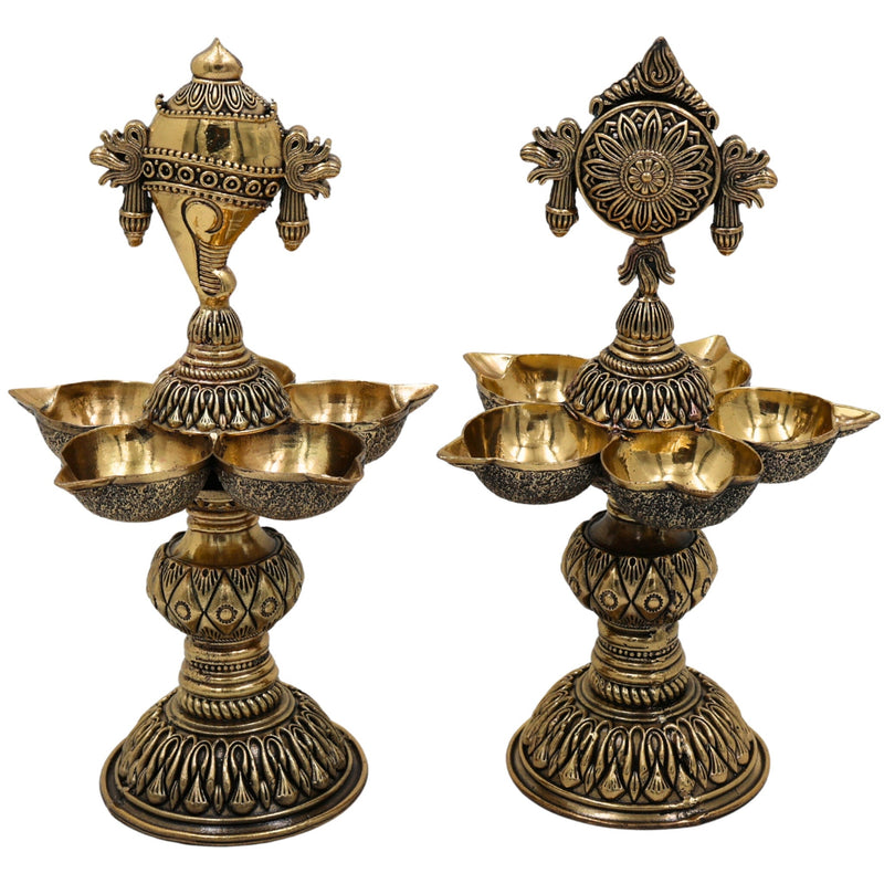 Brass Shankh Chakra Diya Pair – Shankh Chakra Deepam, Vishnu Shankh Chakra Oil Lamp, Handcrafted Puja & Home Temple Sculpture, Spiritual Aarti Lamp for Diwali, Navaratri, Ganesh Chaturthi, Gold, 8.5 Inch, 2 Piece