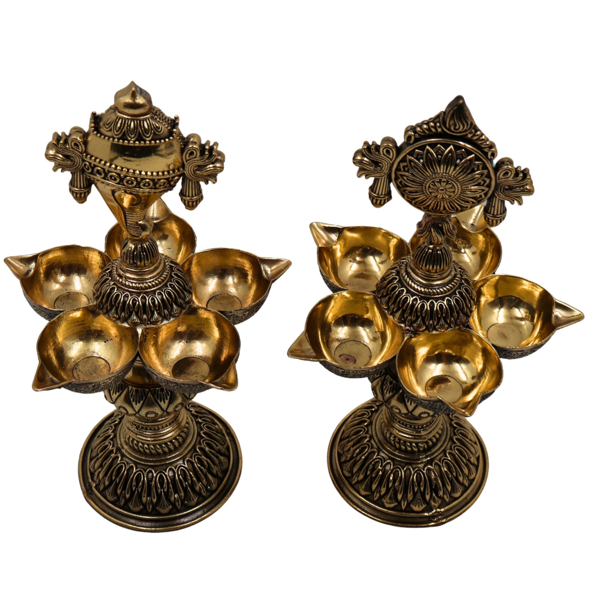 Brass Shankh Chakra Diya Pair – Shankh Chakra Deepam, Vishnu Shankh Chakra Oil Lamp, Handcrafted Puja & Home Temple Sculpture, Spiritual Aarti Lamp for Diwali, Navaratri, Ganesh Chaturthi, Gold, 8.5 Inch, 2 Piece