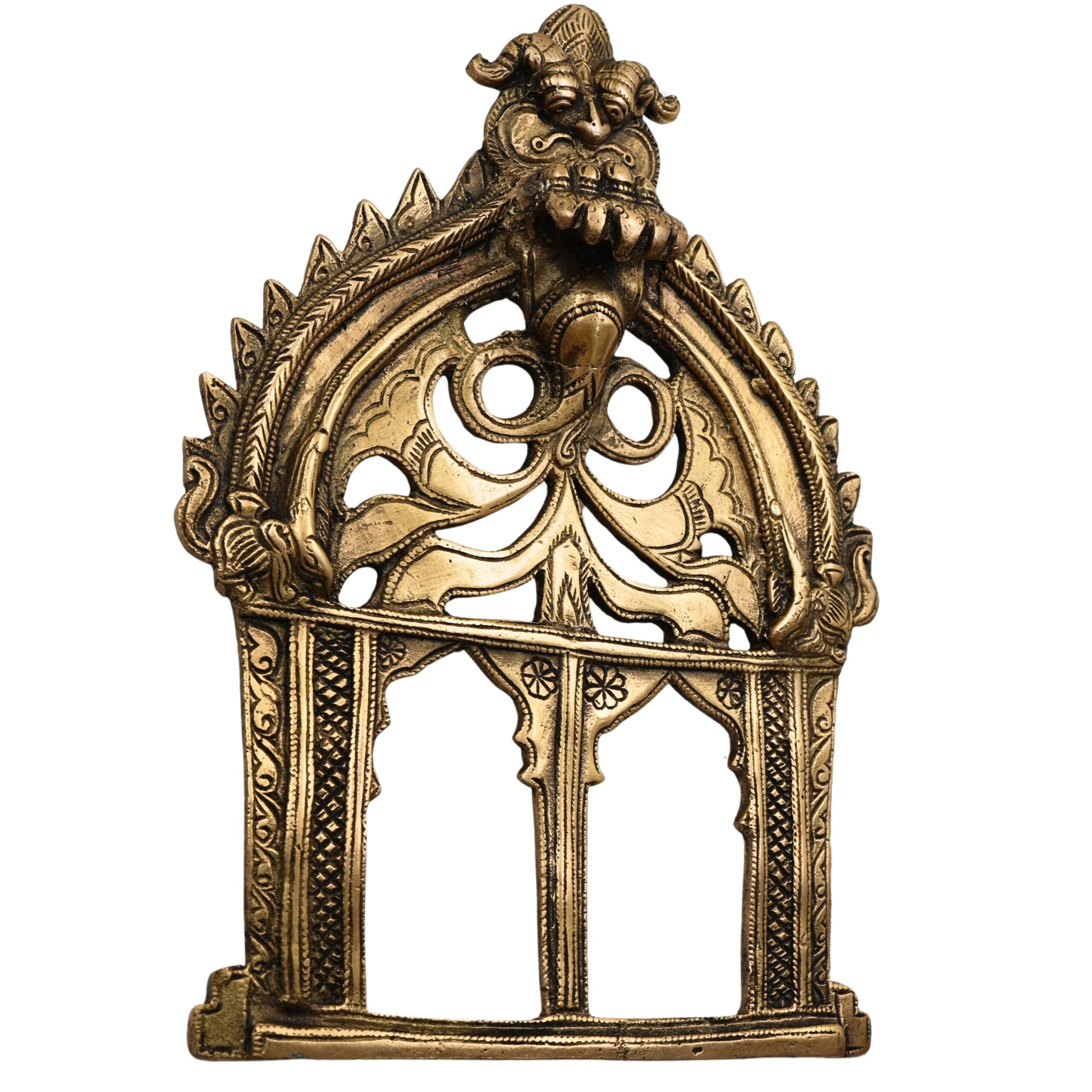 Bhunes Brass Prabhavali Frame Arch Wall Hanging for Temple and Home Decor – Prabhawal with Kirtimukha & Sheshnag for Deity | Prabhaval for Pooja Room, Gold, 10.5 Inch, 1 Piece