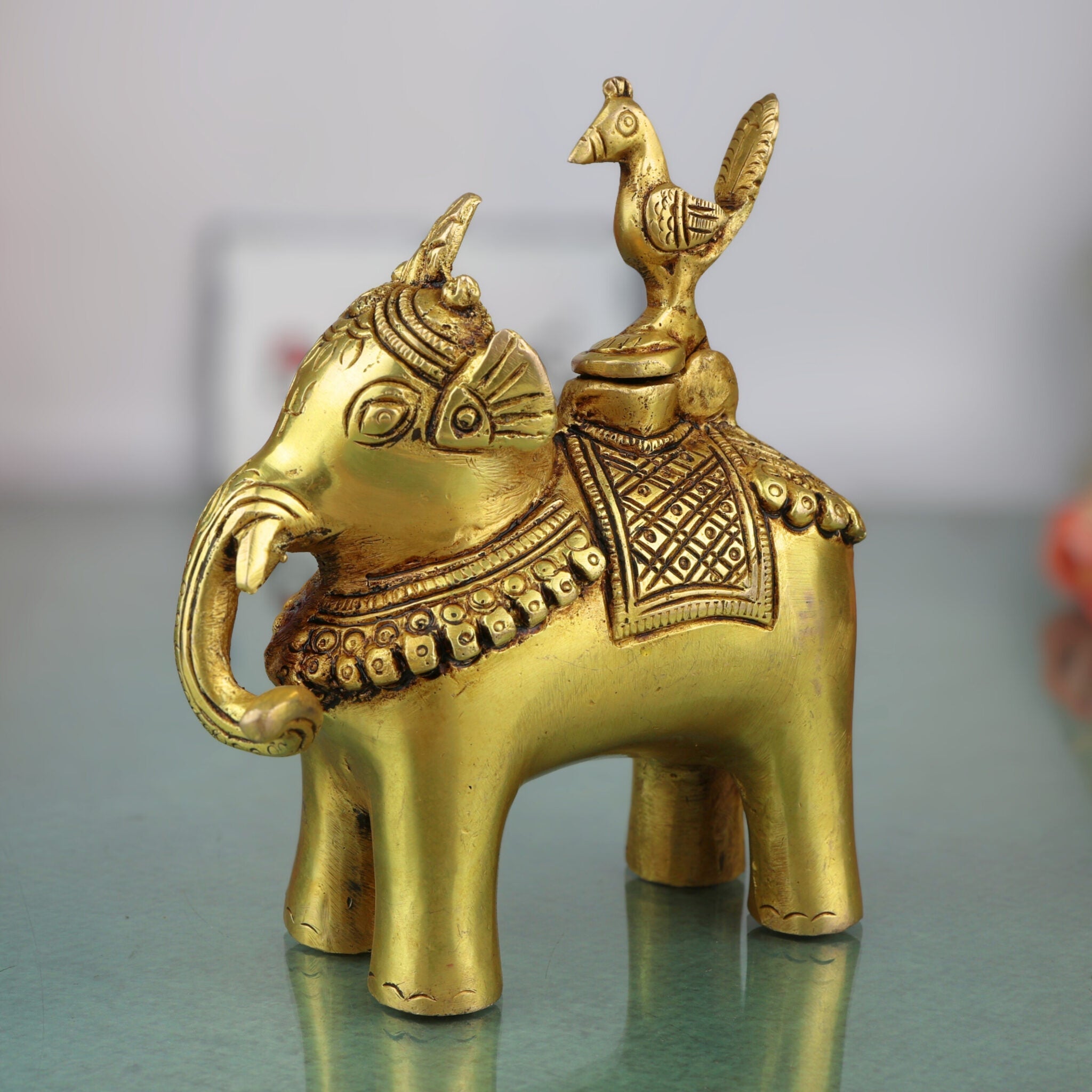 Brass Elephant Ink Pot, Handcrafted Peetal Kalamdan, Vintage Desk Ink Well Sculpture, Decorative Writing Ink Holder, Gold, 6 Inch, 1 Piece