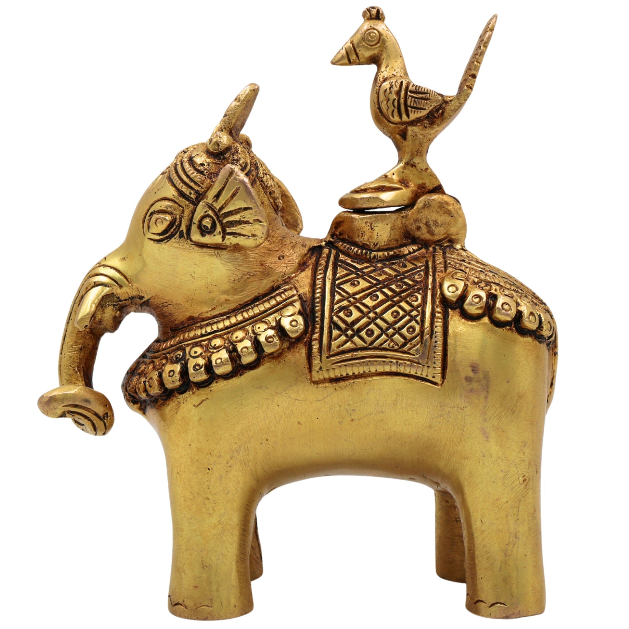 Brass Elephant Ink Pot, Handcrafted Peetal Kalamdan, Vintage Desk Ink Well Sculpture, Decorative Writing Ink Holder, Gold, 6 Inch, 1 Piece