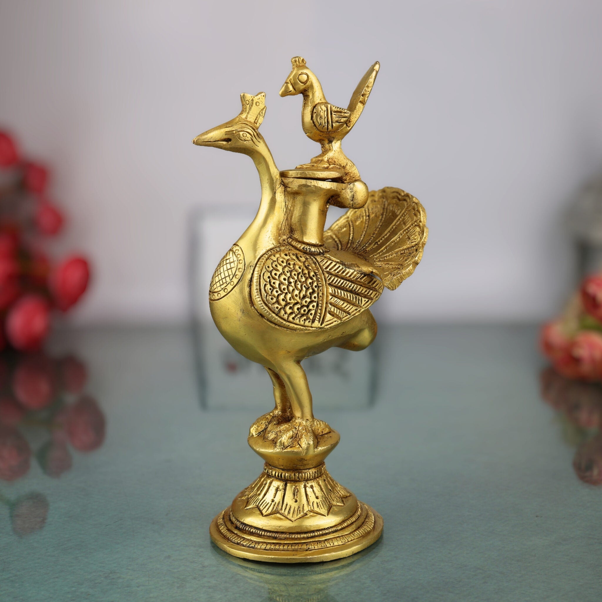 Brass Peacock Ink Pot, Handcrafted Kalamdan Dawat Sculpture, Vintage Peetal Pittal Ink Well for Desk & Home Décor, Gold, 8 Inch, 1 Piece