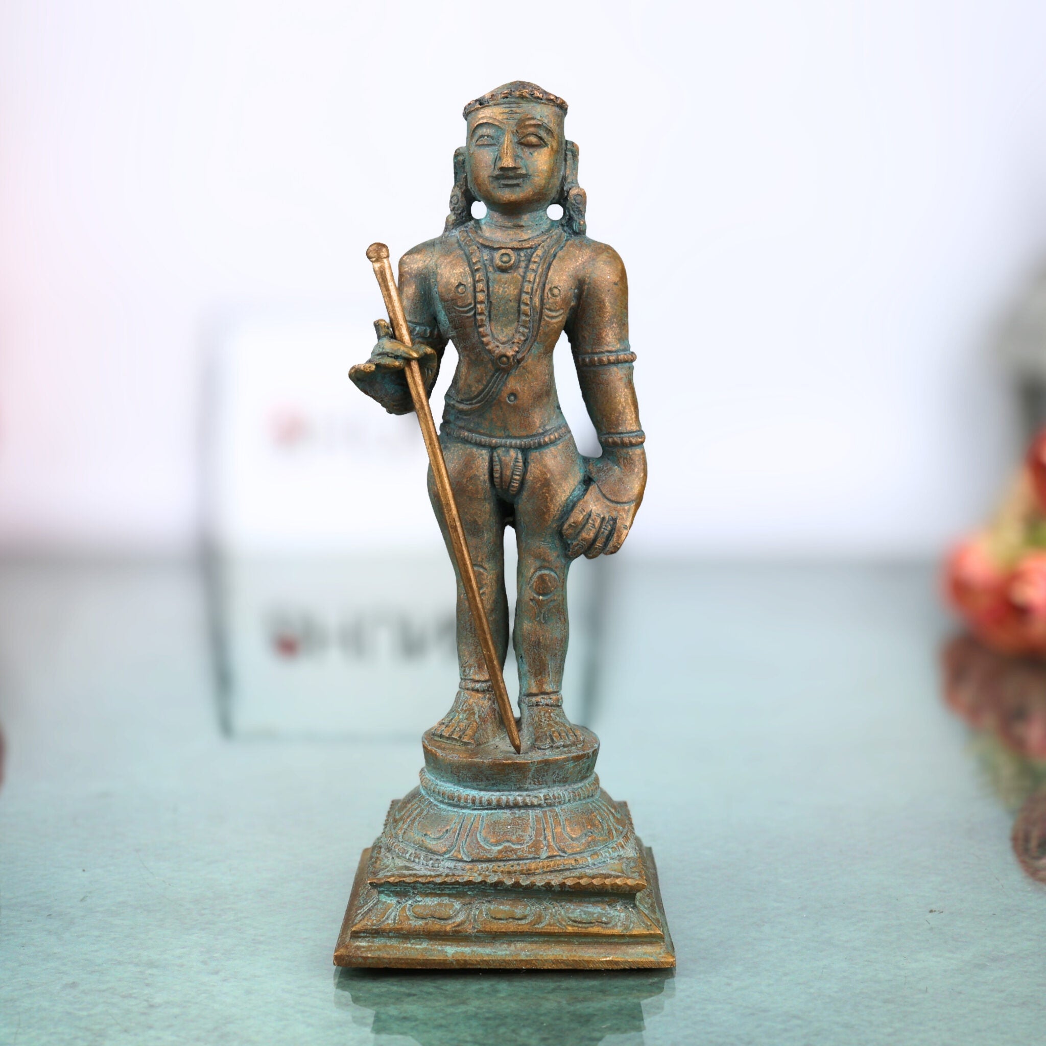 Bronze Murugan Idol, Panchaloha Karthikeya / Skanda / Subramanya Statue, Handcrafted Chola Art Murti for Pooja & Home Decor, Gold, 6 Inch, 1 Piece