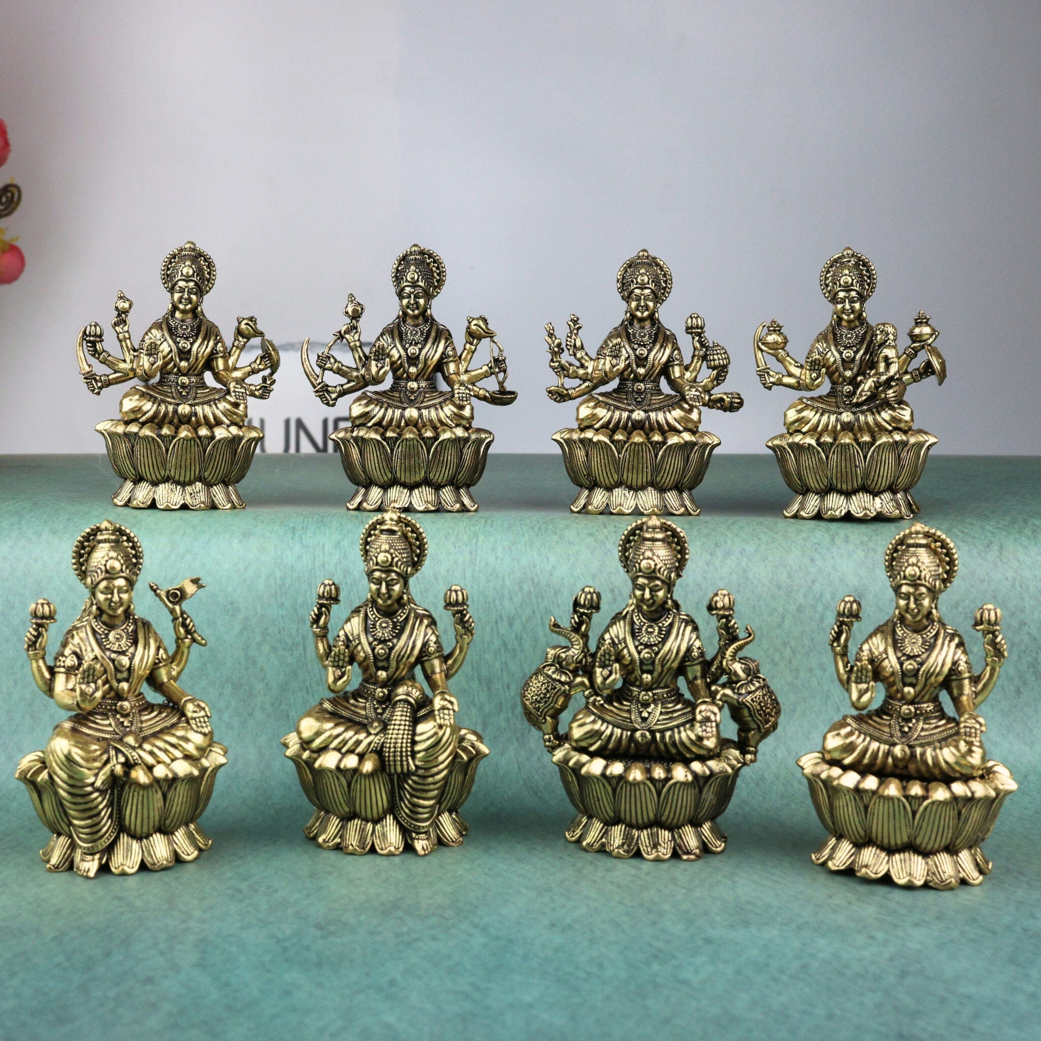 Brass Asta Lakshmi Idols | Set of 8 Handcrafted Murti for Pooja, Home Decor & Spiritual Gifts, Gold, 3 Inch, 8 Piece