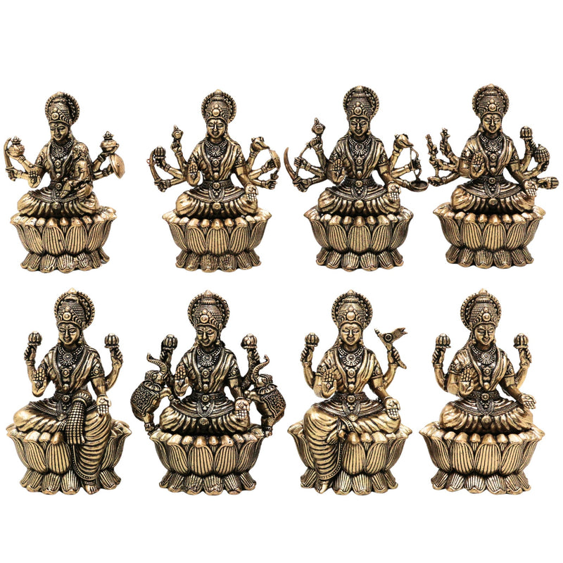 Brass Asta Lakshmi Idols | Set of 8 Handcrafted Murti for Pooja, Home Decor & Spiritual Gifts, Gold, 3 Inch, 8 Piece