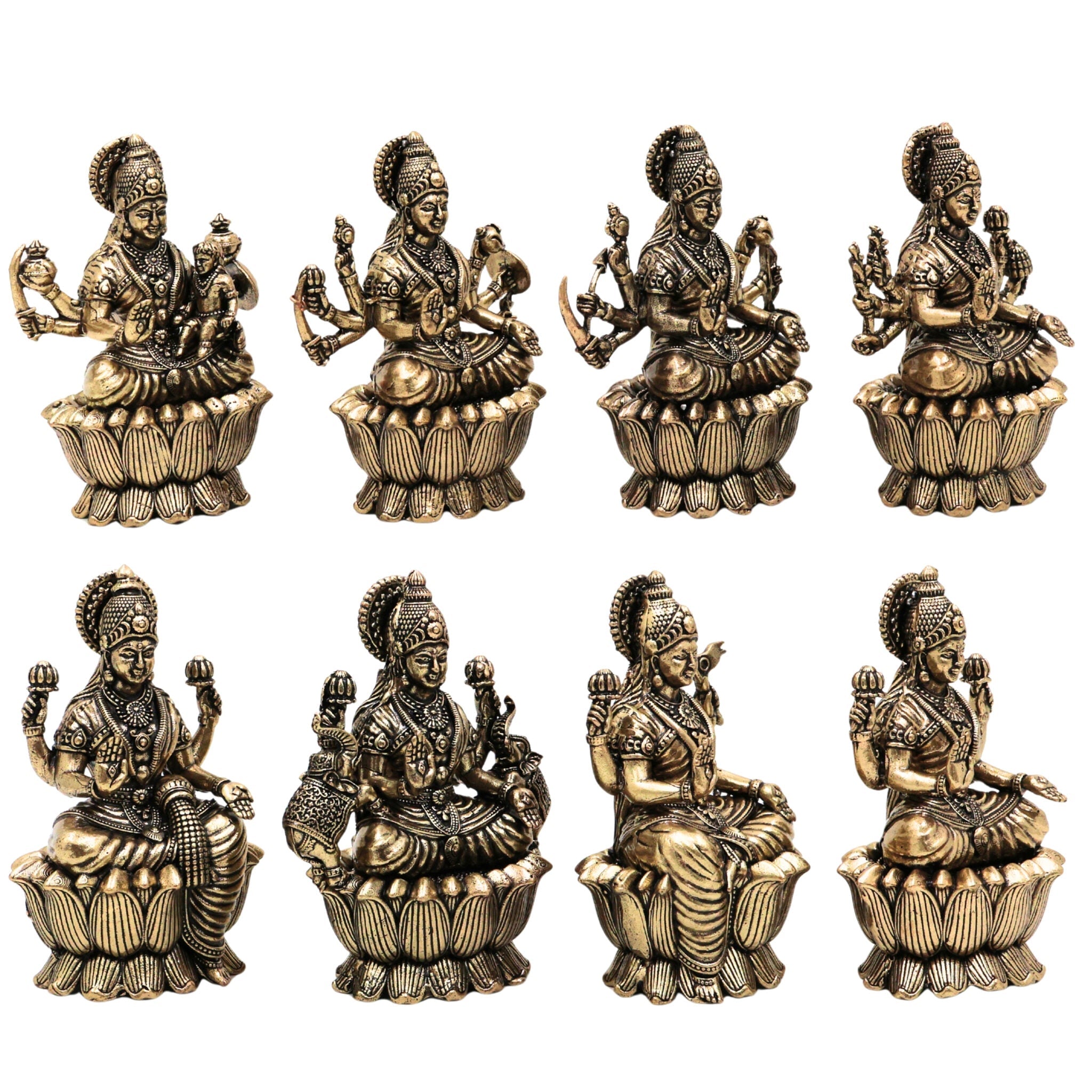 Brass Asta Lakshmi Idols | Set of 8 Handcrafted Murti for Pooja, Home Decor & Spiritual Gifts, Gold, 3 Inch, 8 Piece