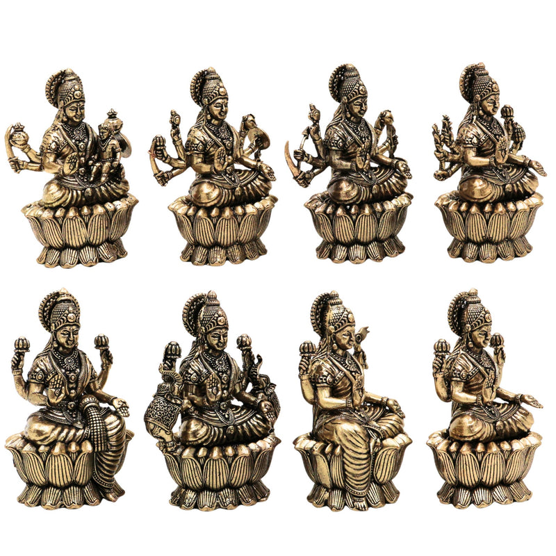 Brass Asta Lakshmi Idols | Set of 8 Handcrafted Murti for Pooja, Home Decor & Spiritual Gifts, Gold, 3 Inch, 8 Piece