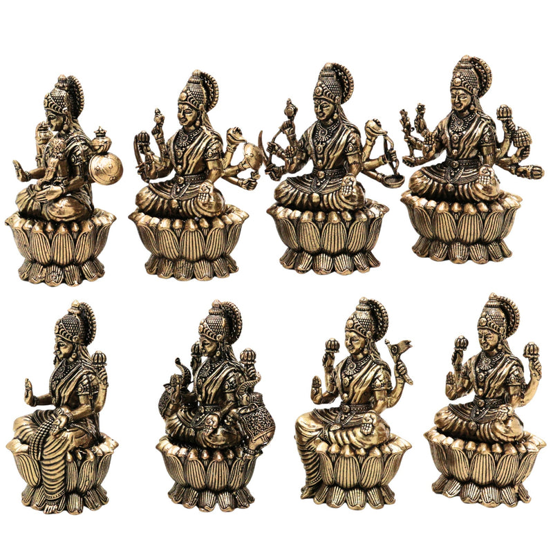 Brass Asta Lakshmi Idols | Set of 8 Handcrafted Murti for Pooja, Home Decor & Spiritual Gifts, Gold, 3 Inch, 8 Piece