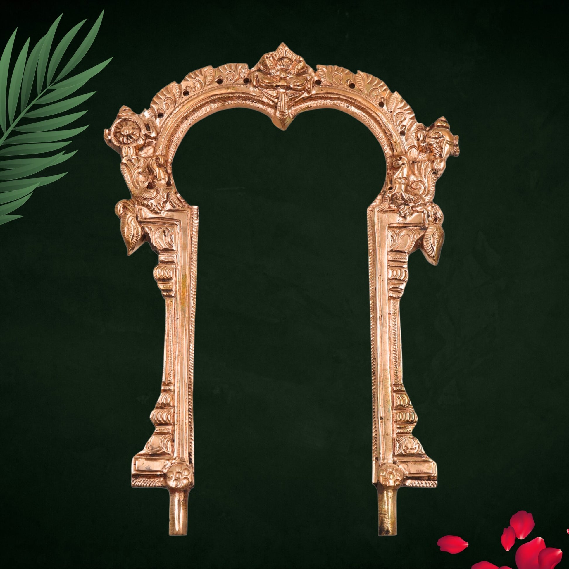 Bronze Handcrafted Prabhavali Thiruvachi Tiruvasi Arch Torana Backdrop Frame for Hindu God Goddess Idol Temple Puja Mandir Decor, Gold, 7.5 Inch, 1 Piece