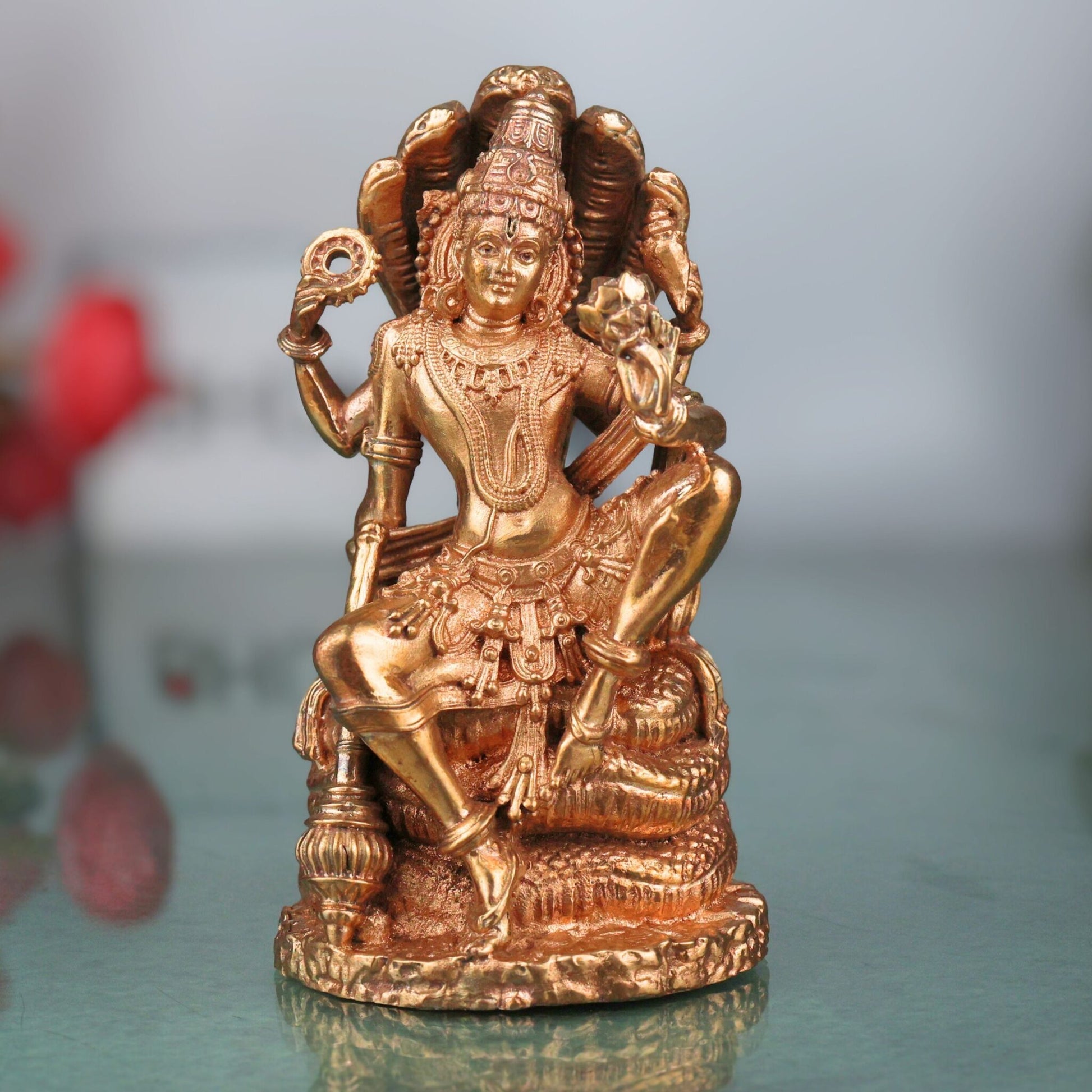 Bronze Lord Vishnu Sitting on Sheshnag Idol | Handcrafted Vishnu Murti for Pooja, Temple & Home Decor, Gold, 4 Inch, 1 Piece