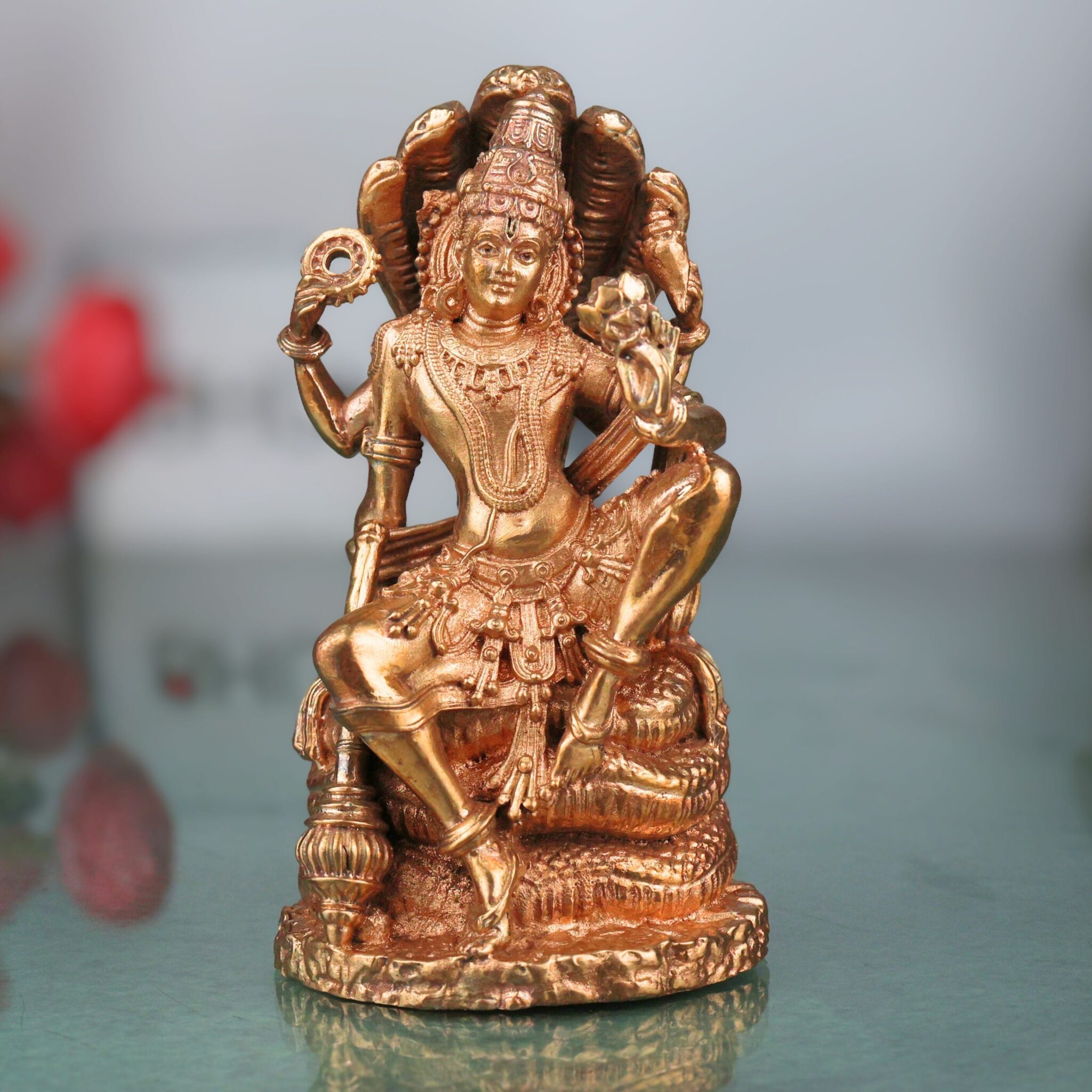 Bronze Lord Vishnu Sitting on Sheshnag Idol | Handcrafted Vishnu Murti for Pooja, Temple & Home Decor, Gold, 4 Inch, 1 Piece
