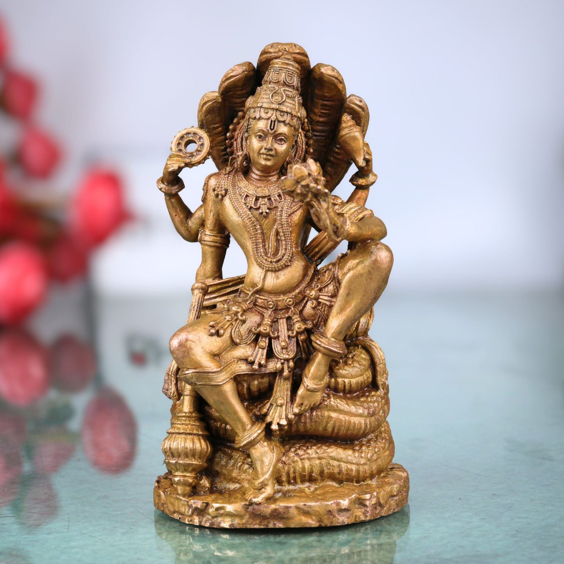 Bronze Lord Vishnu on Sheshnag Idol, Handcrafted Vishnu Murti for Pooja, Temple & Home Decor, Brown, 4 Inch, 1 Piece