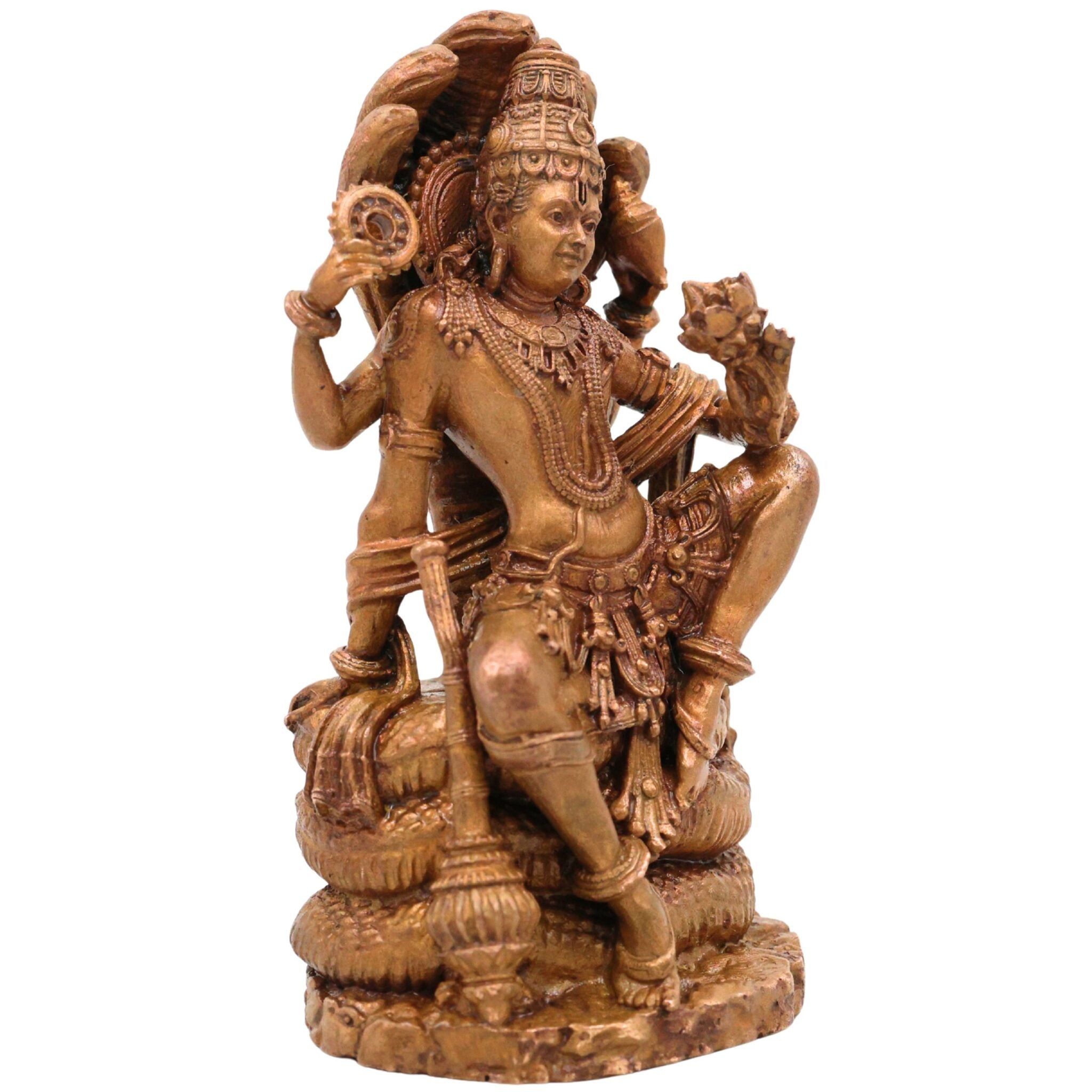 Bronze Lord Vishnu on Sheshnag Idol, Handcrafted Vishnu Murti for Pooja, Temple & Home Decor, Brown, 4 Inch, 1 Piece