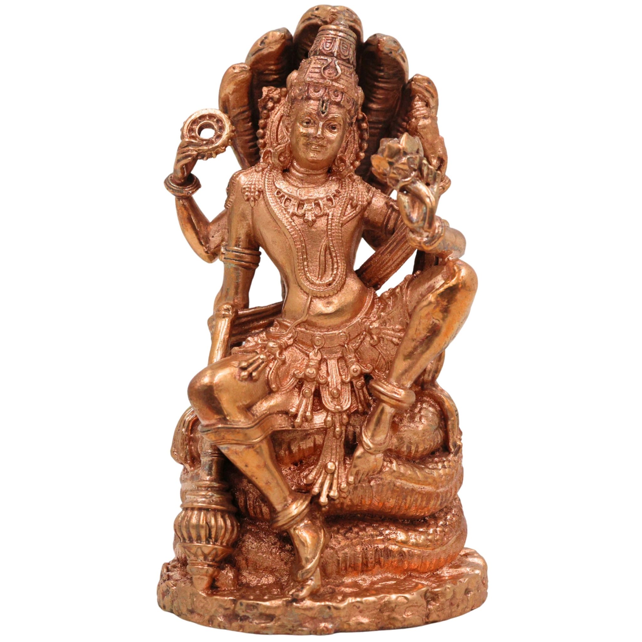 Bronze Lord Vishnu Sitting on Sheshnag Idol | Handcrafted Vishnu Murti for Pooja, Temple & Home Decor, Gold, 4 Inch, 1 Piece