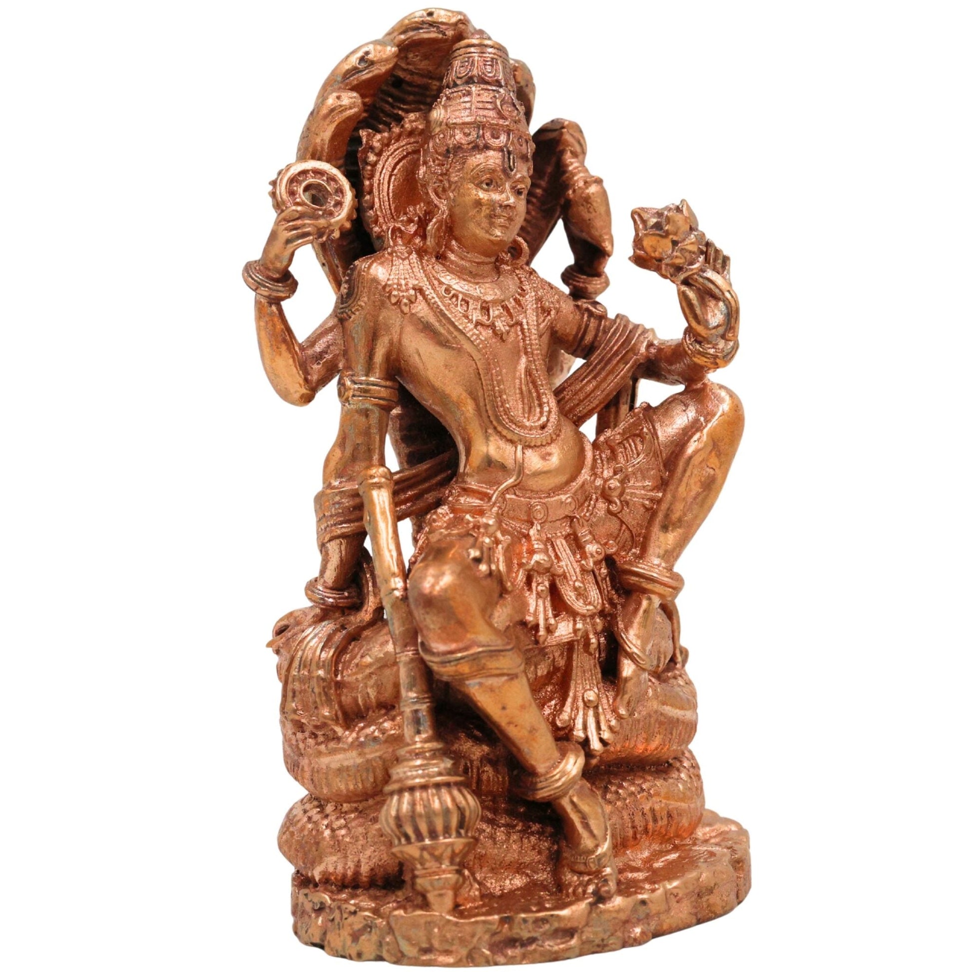 Bronze Lord Vishnu Sitting on Sheshnag Idol | Handcrafted Vishnu Murti for Pooja, Temple & Home Decor, Gold, 4 Inch, 1 Piece
