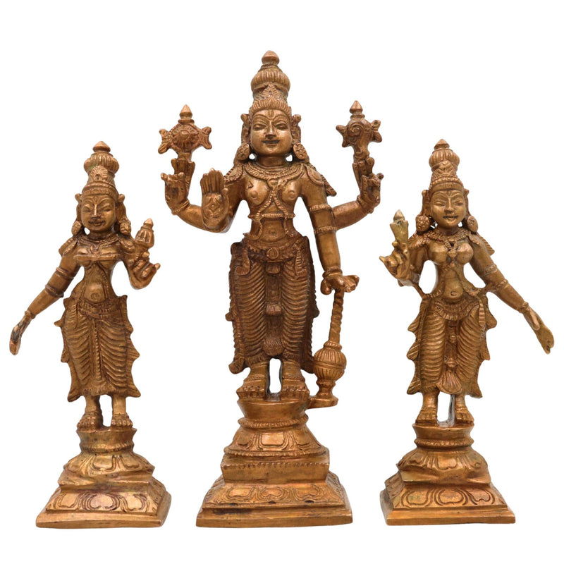 Bronze Vishnu with Sri Devi & Bhu Devi Idol Set, Handcrafted Narayana, Lakshmi And Bhudevi Murti for Pooja, Temple & Home Decor, Brown, 6.5 Inch, 3 Piece