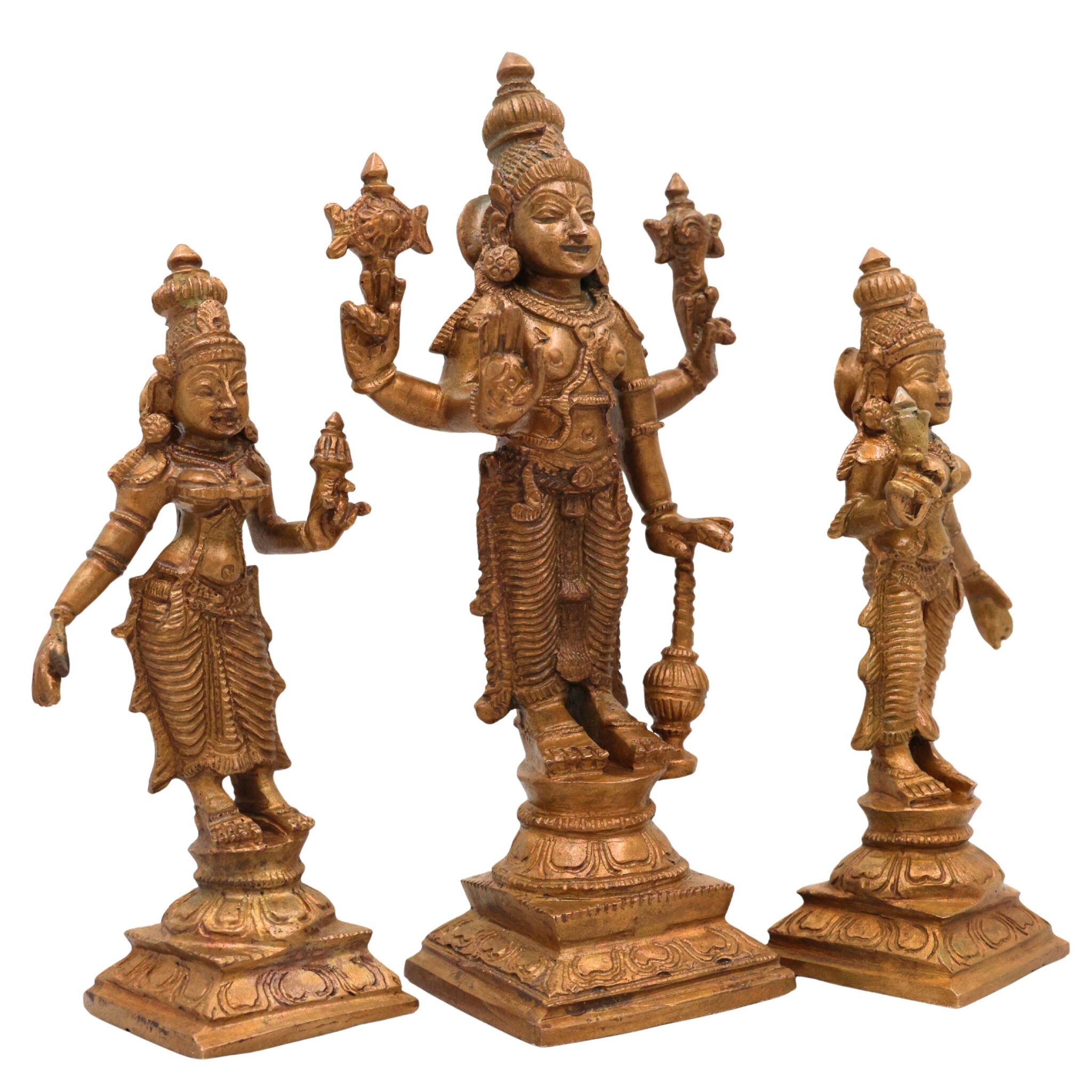 Bronze Vishnu with Sri Devi & Bhu Devi Idol Set, Handcrafted Narayana, Lakshmi And Bhudevi Murti for Pooja, Temple & Home Decor, Brown, 6.5 Inch, 3 Piece