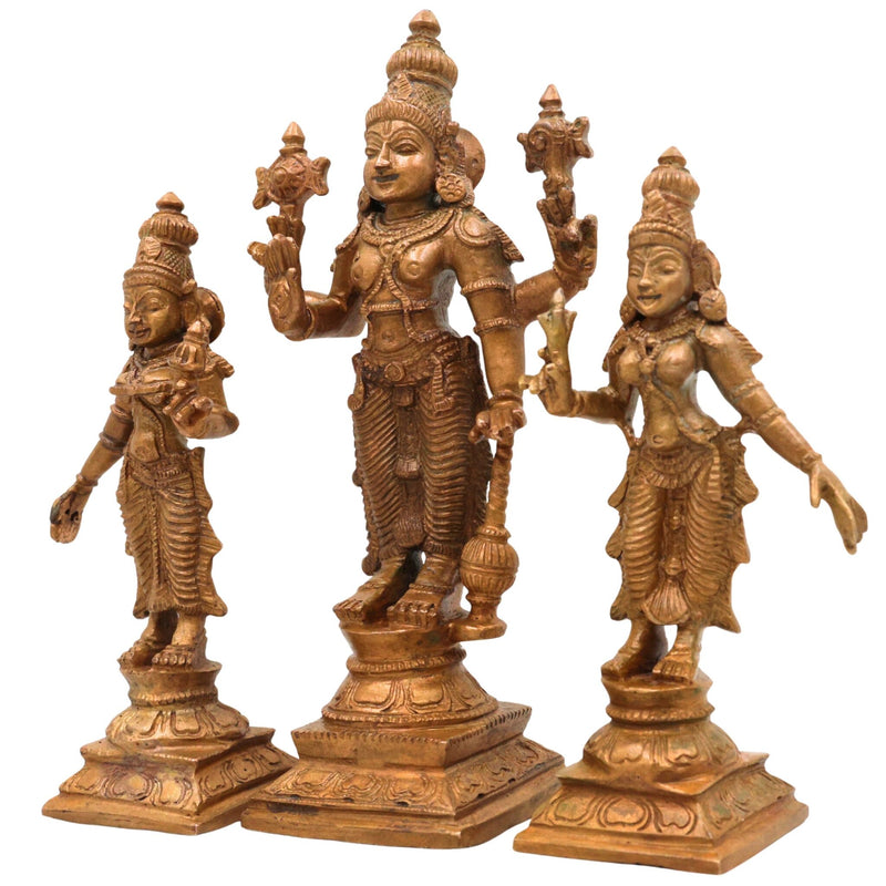 Bronze Vishnu with Sri Devi & Bhu Devi Idol Set, Handcrafted Narayana, Lakshmi And Bhudevi Murti for Pooja, Temple & Home Decor, Brown, 6.5 Inch, 3 Piece