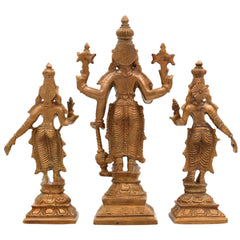 Bronze Vishnu with Sri Devi & Bhu Devi Idol Set, Handcrafted Narayana, Lakshmi And Bhudevi Murti for Pooja, Temple & Home Decor, Brown, 6.5 Inch, 3 Piece