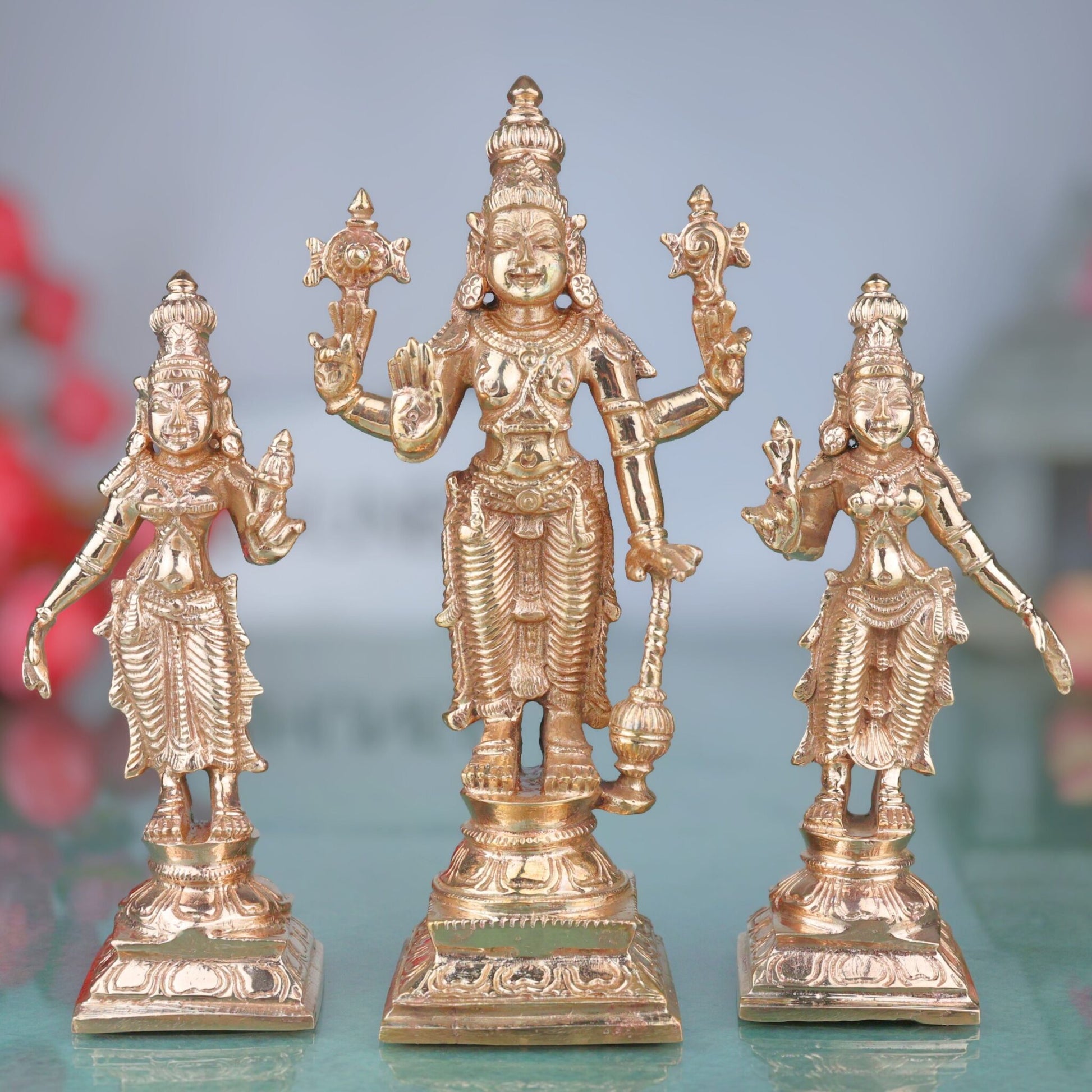 Bronze Vishnu with Sri Devi & Bhu Devi Idol | Handcrafted Murti for Pooja, Temple & Home Decor Set, Gold, 6.5 Inch, 3 Piece