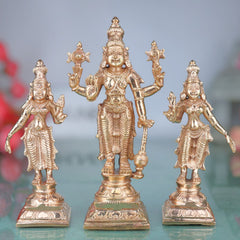 Bronze Vishnu with Sri Devi & Bhu Devi Idol | Handcrafted Murti for Pooja, Temple & Home Decor Set, Gold, 6.5 Inch, 3 Piece