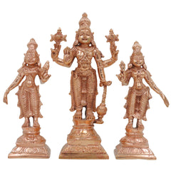 Bronze Vishnu with Sri Devi & Bhu Devi Idol | Handcrafted Murti for Pooja, Temple & Home Decor Set, Gold, 6.5 Inch, 3 Piece