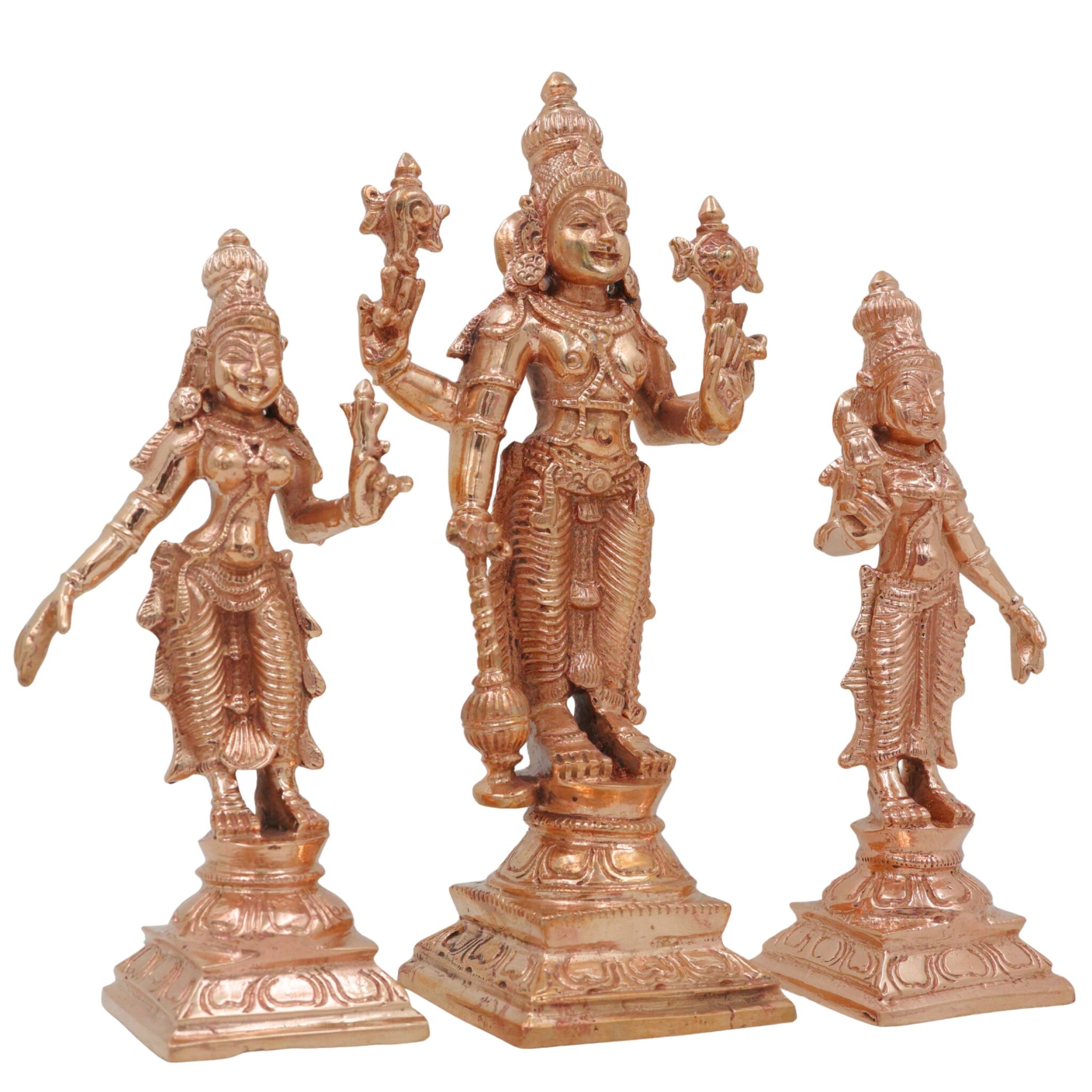Bronze Vishnu with Sri Devi & Bhu Devi Idol | Handcrafted Murti for Pooja, Temple & Home Decor Set, Gold, 6.5 Inch, 3 Piece