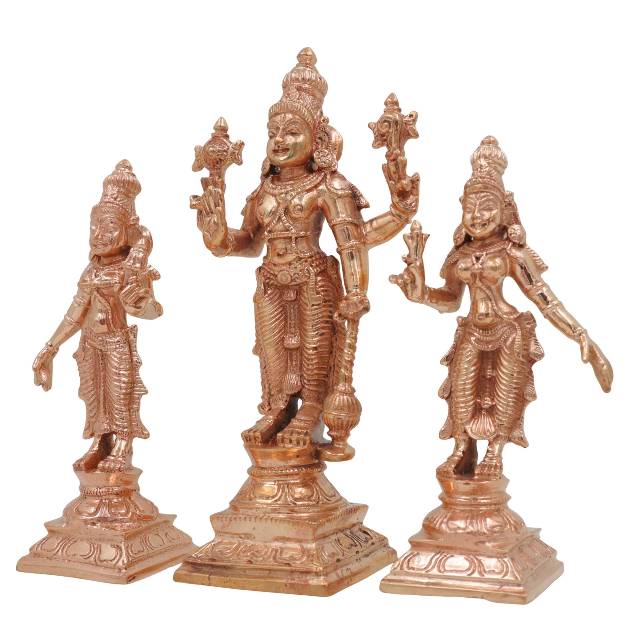 Bronze Vishnu with Sri Devi & Bhu Devi Idol | Handcrafted Murti for Pooja, Temple & Home Decor Set, Gold, 6.5 Inch, 3 Piece