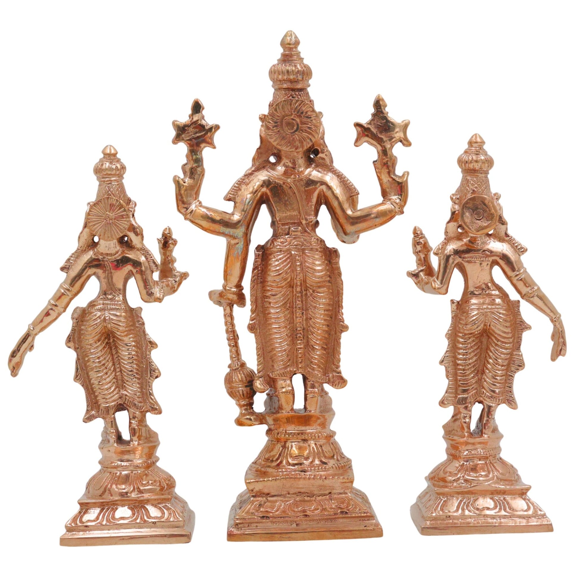 Bronze Vishnu with Sri Devi & Bhu Devi Idol | Handcrafted Murti for Pooja, Temple & Home Decor Set, Gold, 6.5 Inch, 3 Piece