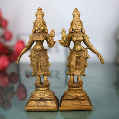 Bronze Sri Devi & Bhu Devi Idol Set, Handcrafted Goddess Murti for Pooja, Temple & Home Decor, Brown, 4.5 Inch, 2 Piece