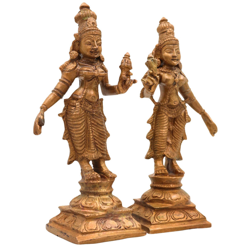 Bronze Sri Devi & Bhu Devi Idol Set, Handcrafted Goddess Murti for Pooja, Temple & Home Decor, Brown, 4.5 Inch, 2 Piece