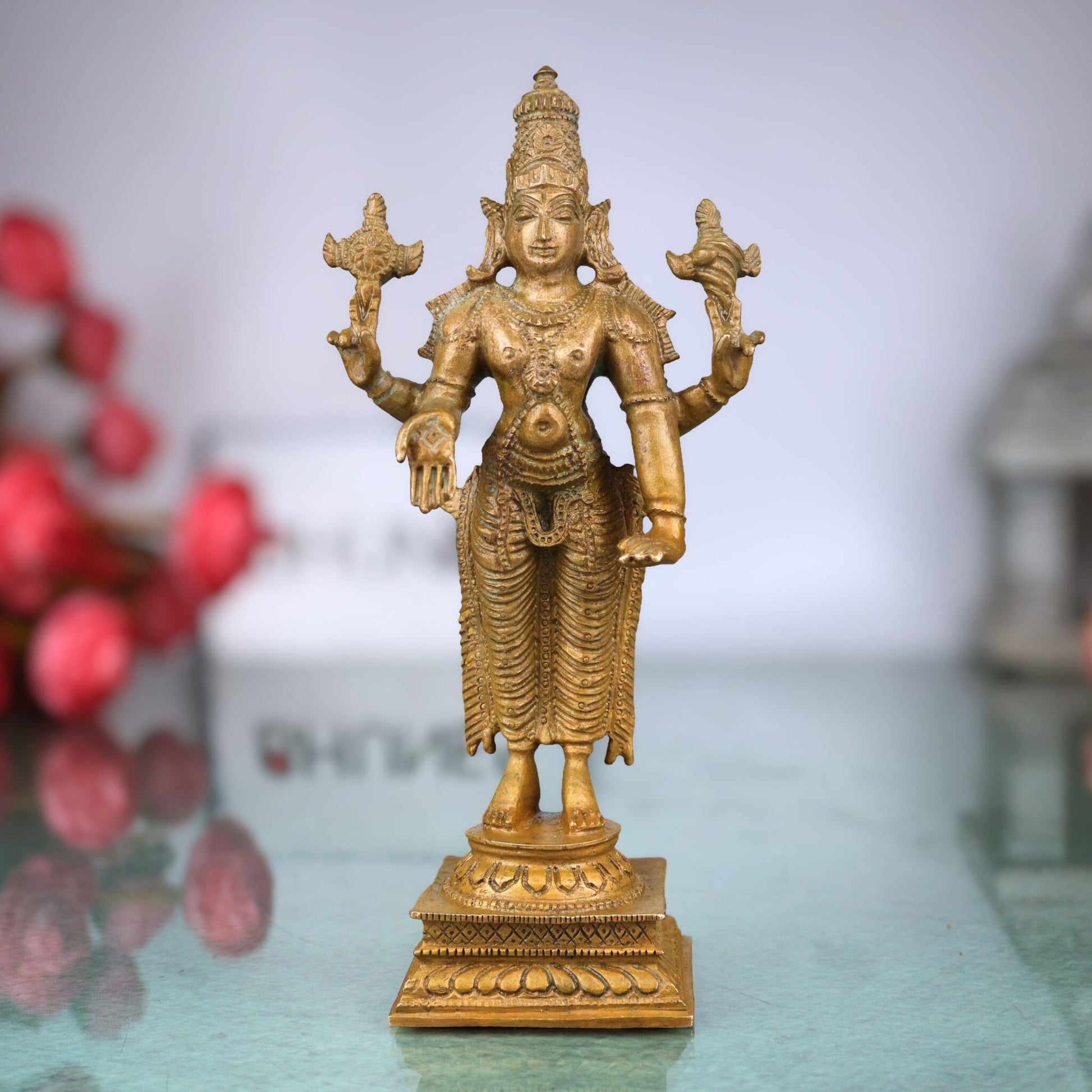 Bronze Vishnu Idol | Handcrafted Lord Standing Vishnu Murti for Pooja, Temple & Home Decor, Brown, 6 Inch, 1 Piece