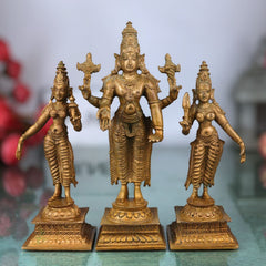 Bronze Vishnu with Sri Devi & Bhu Devi Idol | Handcrafted Murti Set for Pooja, Temple & Home Decor, Brown, 6 Inch, 3 Piece
