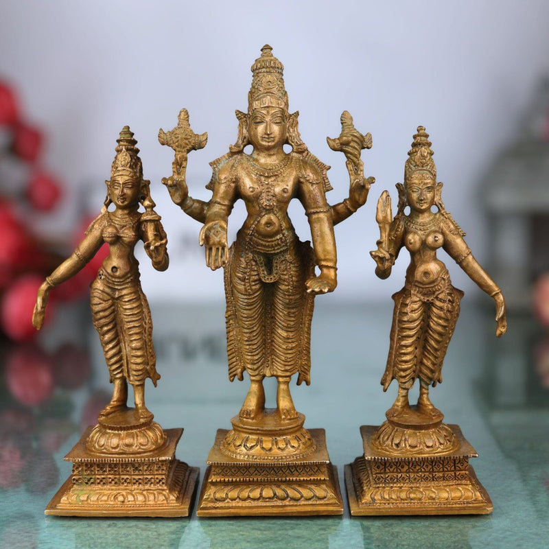 Bronze Vishnu with Sri Devi & Bhu Devi Idol | Handcrafted Murti Set for Pooja, Temple & Home Decor, Brown, 6 Inch, 3 Piece