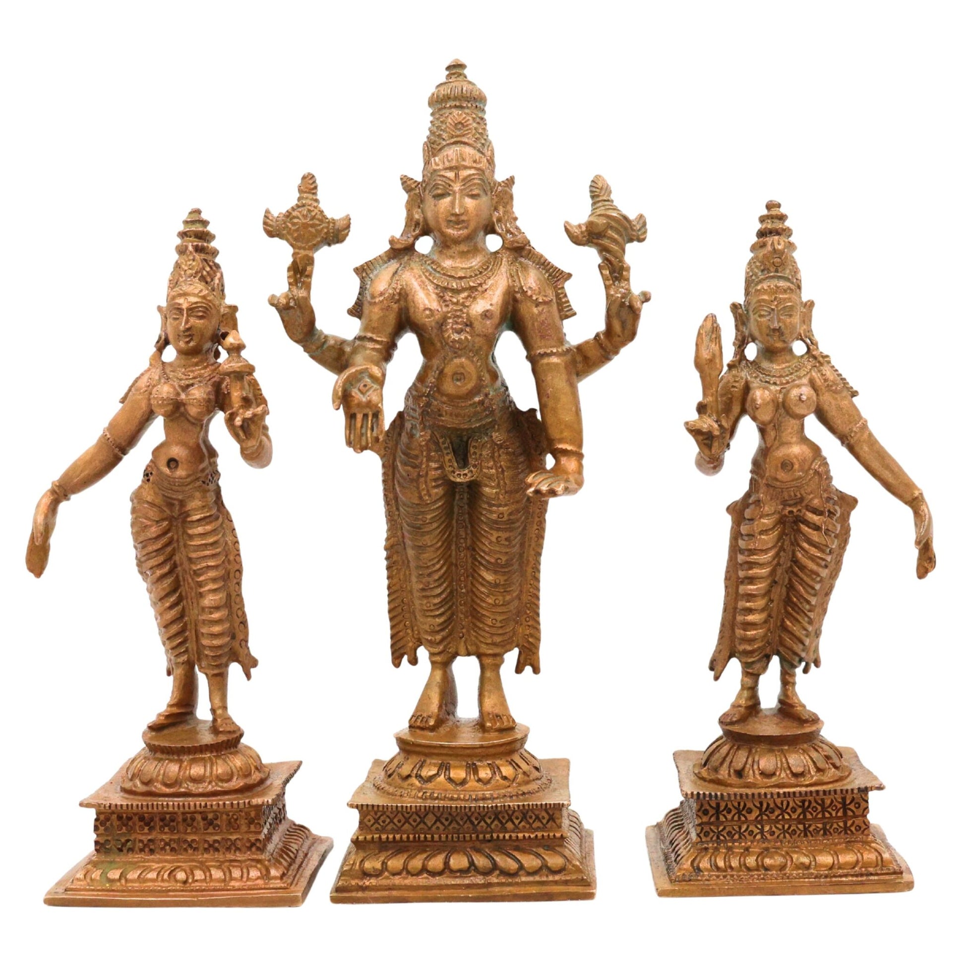 Bronze Vishnu with Sri Devi & Bhu Devi Idol | Handcrafted Murti Set for Pooja, Temple & Home Decor, Brown, 6 Inch, 3 Piece