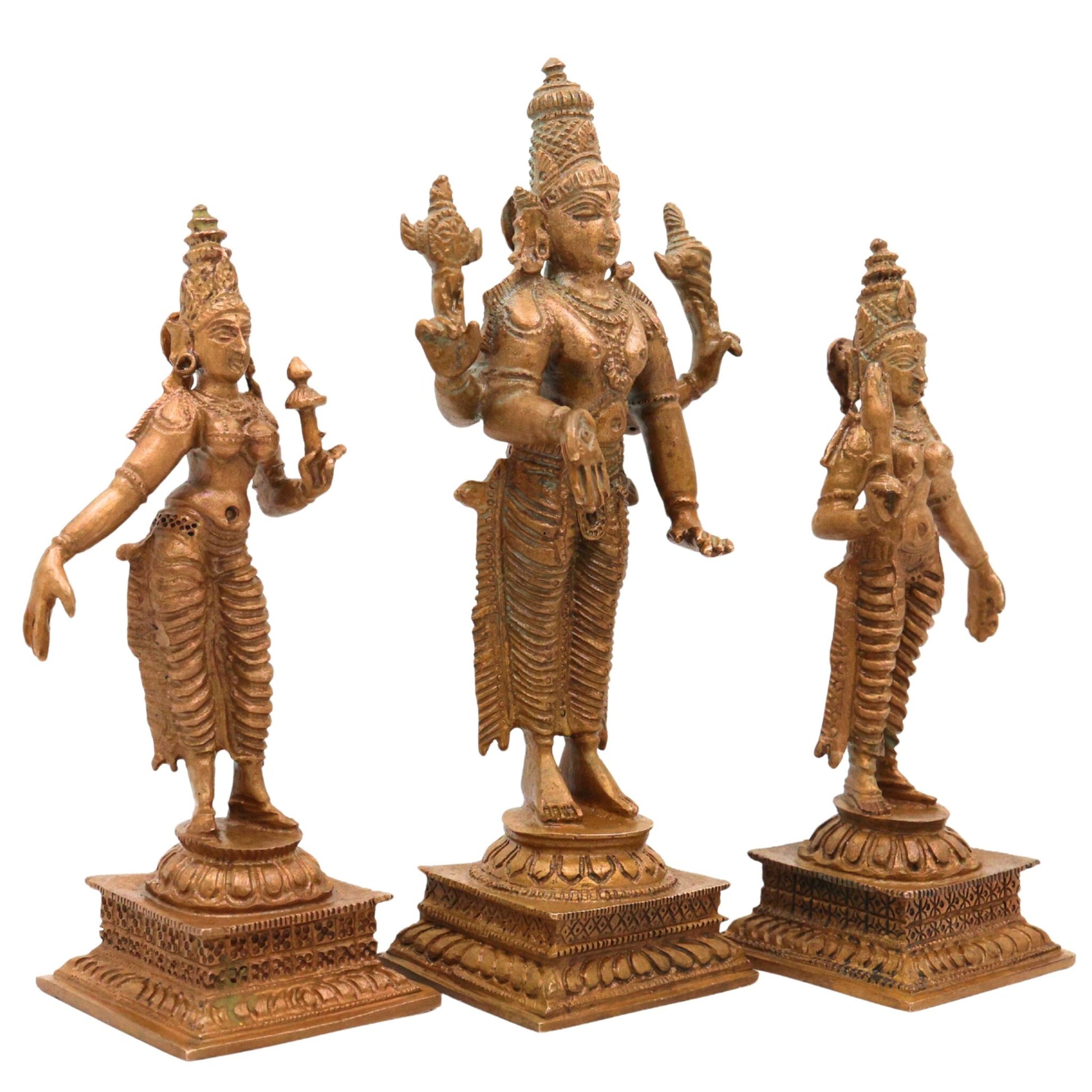 Bronze Vishnu with Sri Devi & Bhu Devi Idol | Handcrafted Murti Set for Pooja, Temple & Home Decor, Brown, 6 Inch, 3 Piece